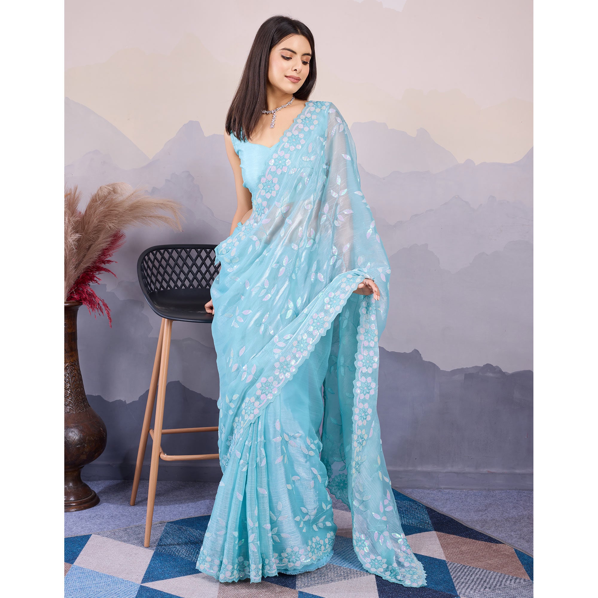 Sky Blue Sequins Embroidered Art Silk Saree