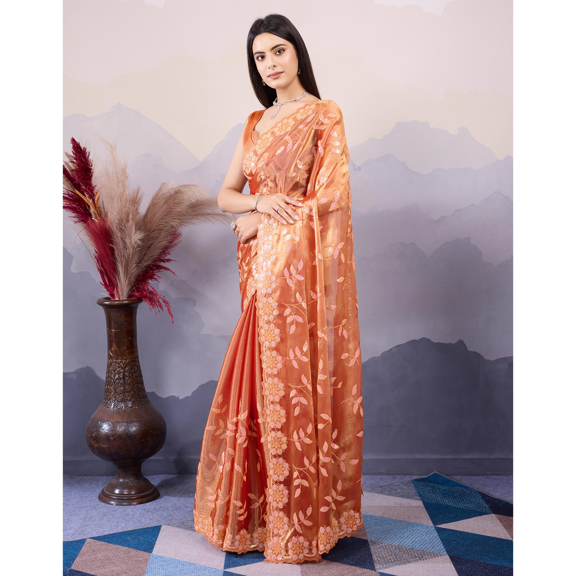 Burnt Orange Sequins Embroidered Art Silk Saree