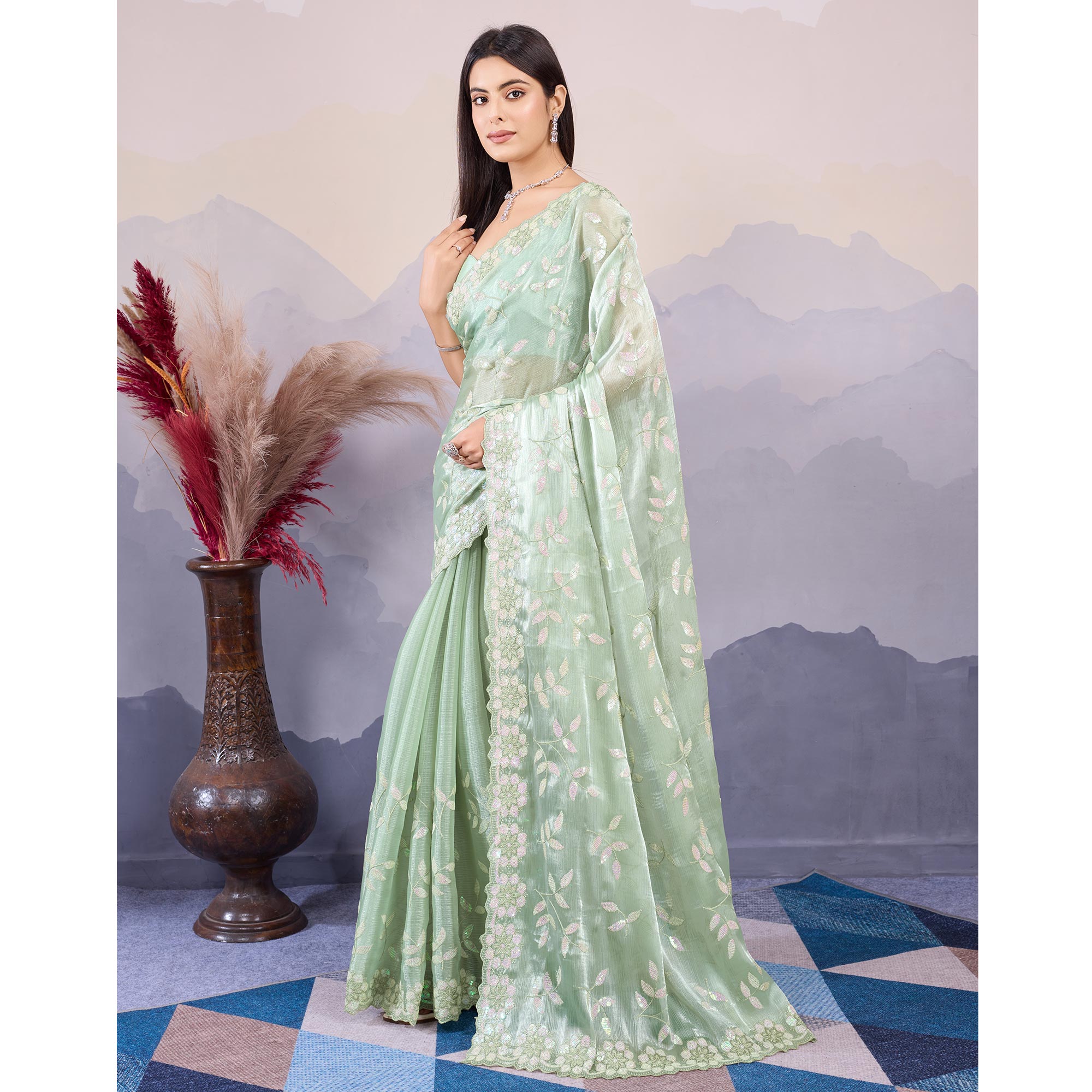 Mint Green Sequins Embroidered Art Silk Saree