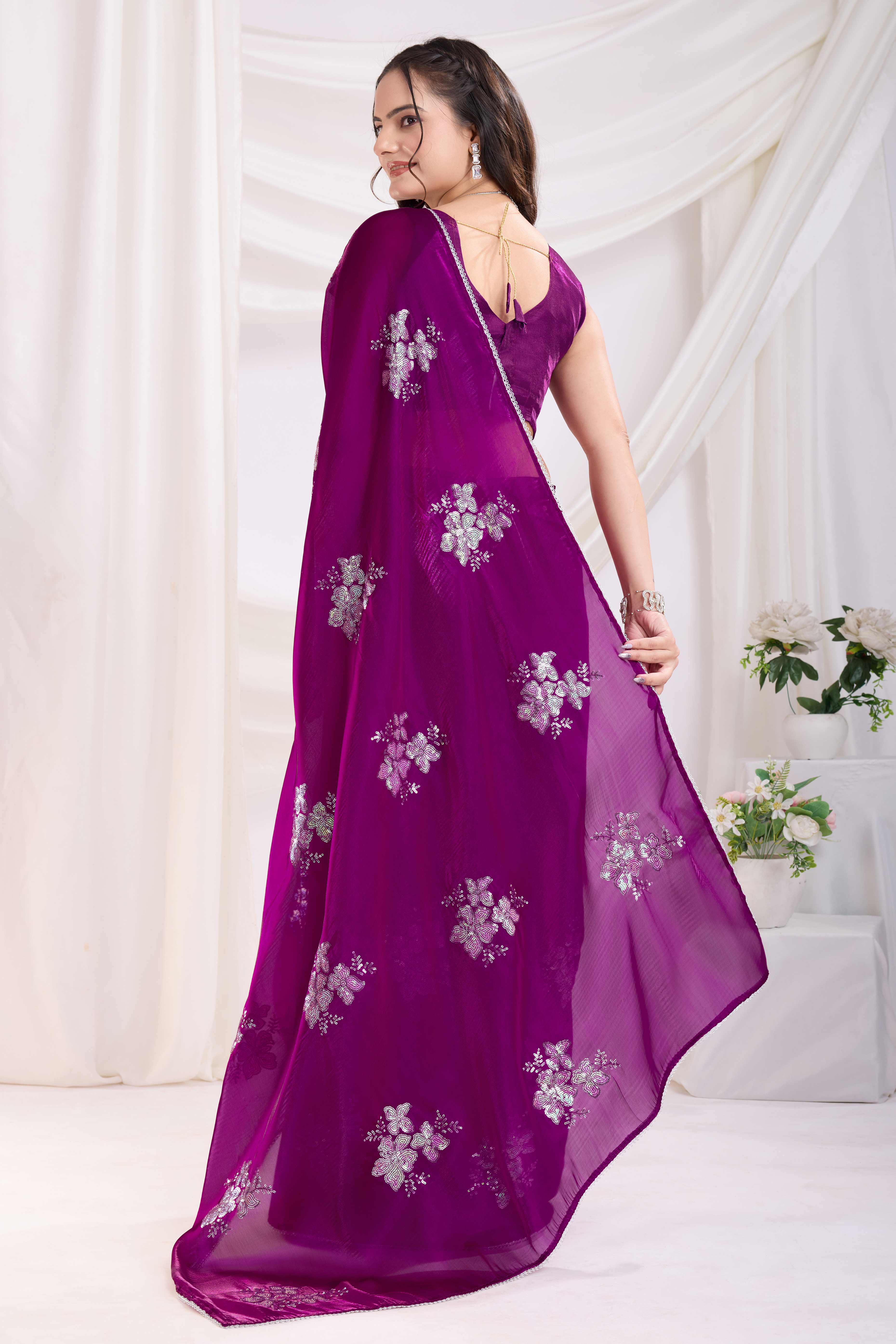 Purple Saree With Exquisite Floral Sequins Embroidery On Luxe Jimmy Choo Silk Blend