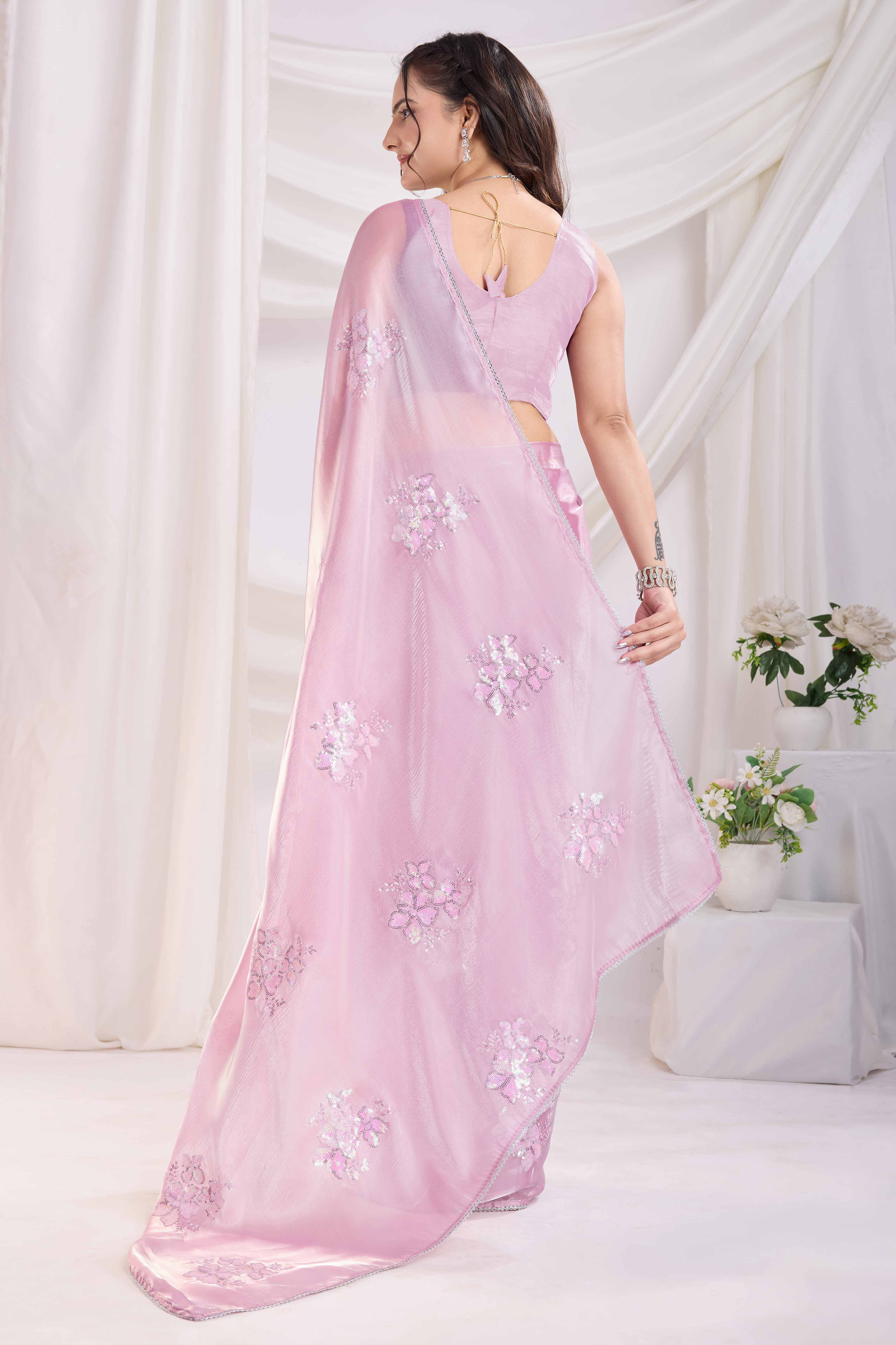 Pink Saree With Exquisite Floral Sequins Embroidery On Luxe Jimmy Choo Silk Blend