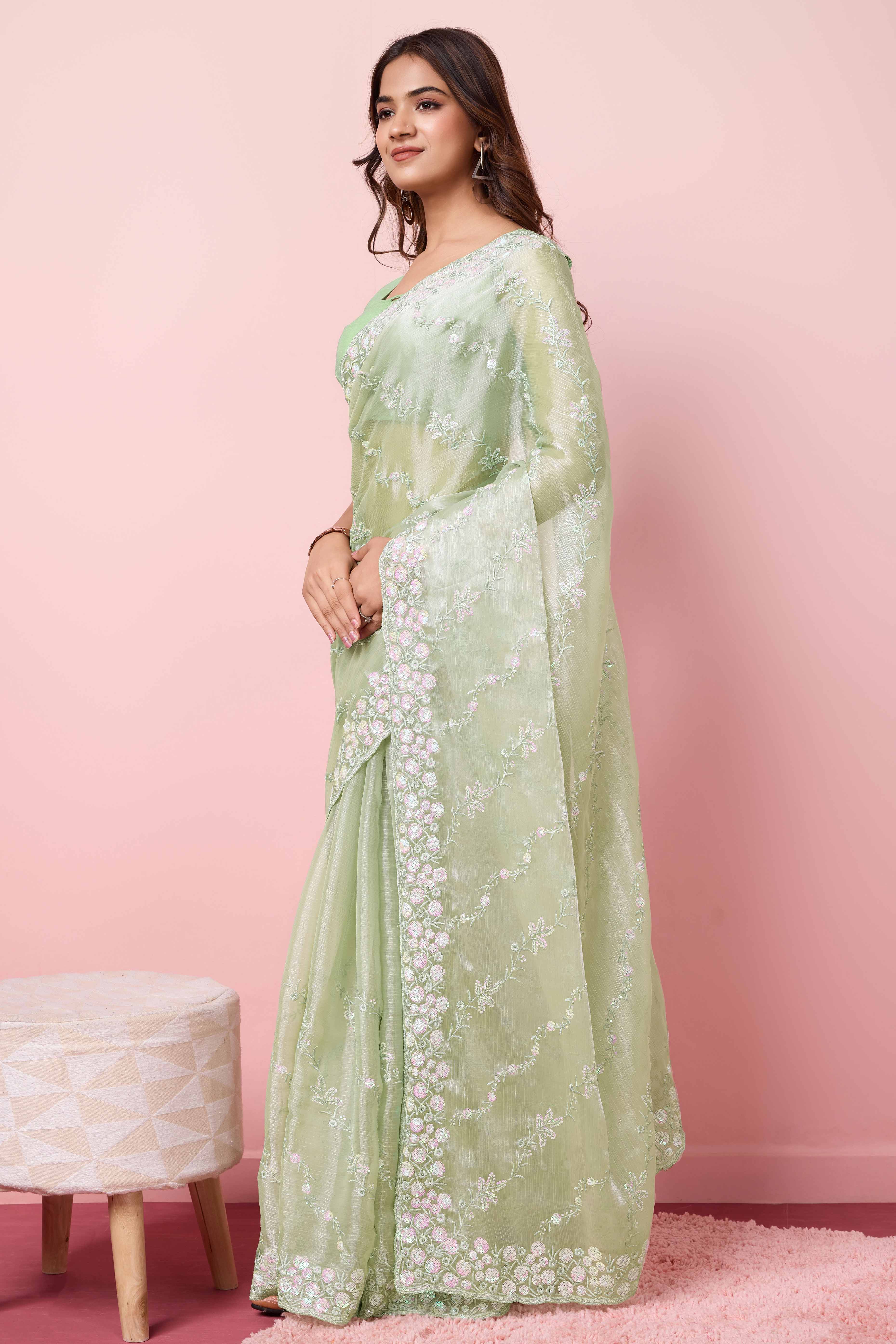 Green Floral Sequins Embroidered Burberry Silk Saree