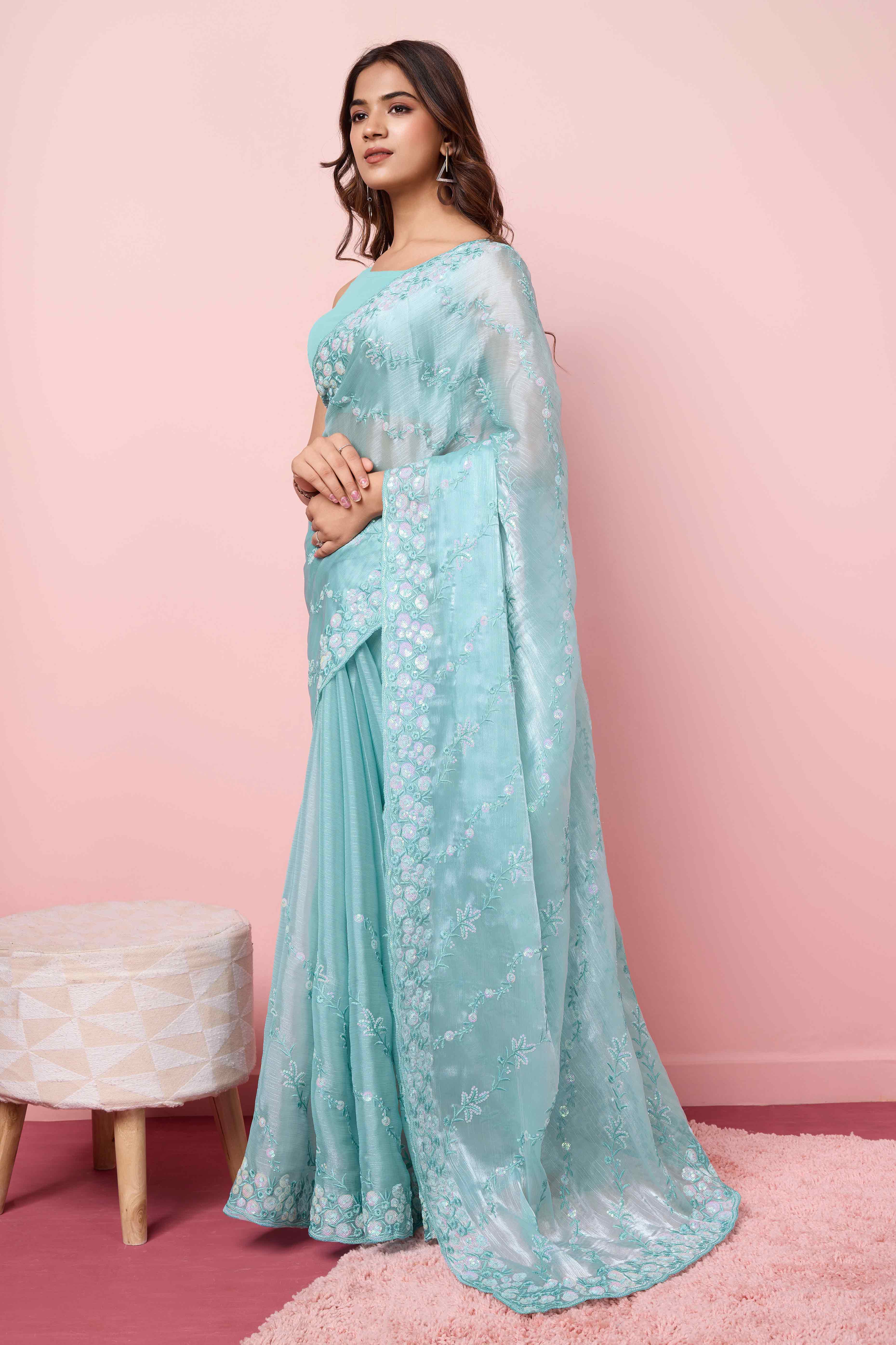 Blue Floral Sequins Embroidered Burberry Silk Saree