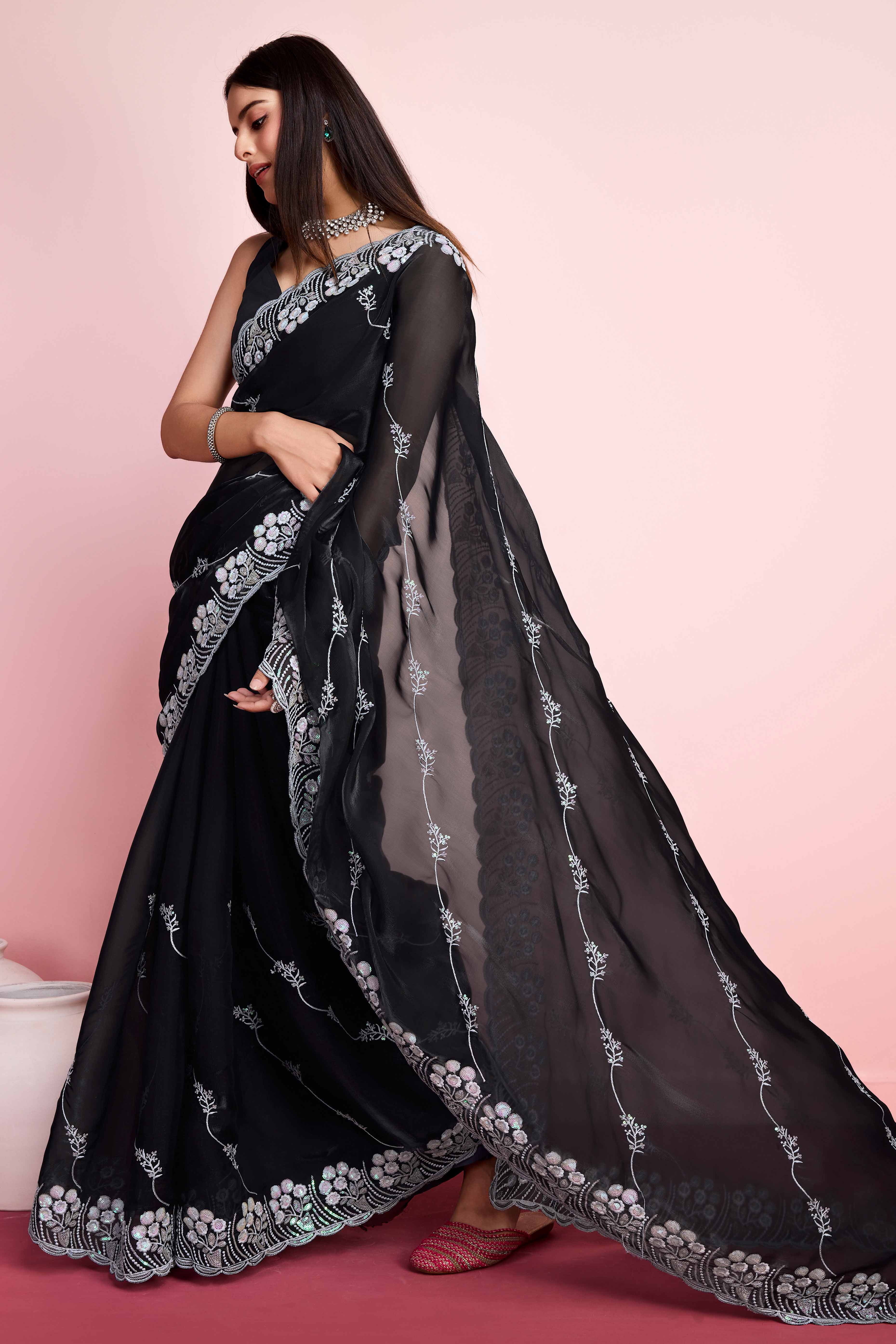 Black Floral Sequins Embroidered Jimmy Choo Tissue Saree