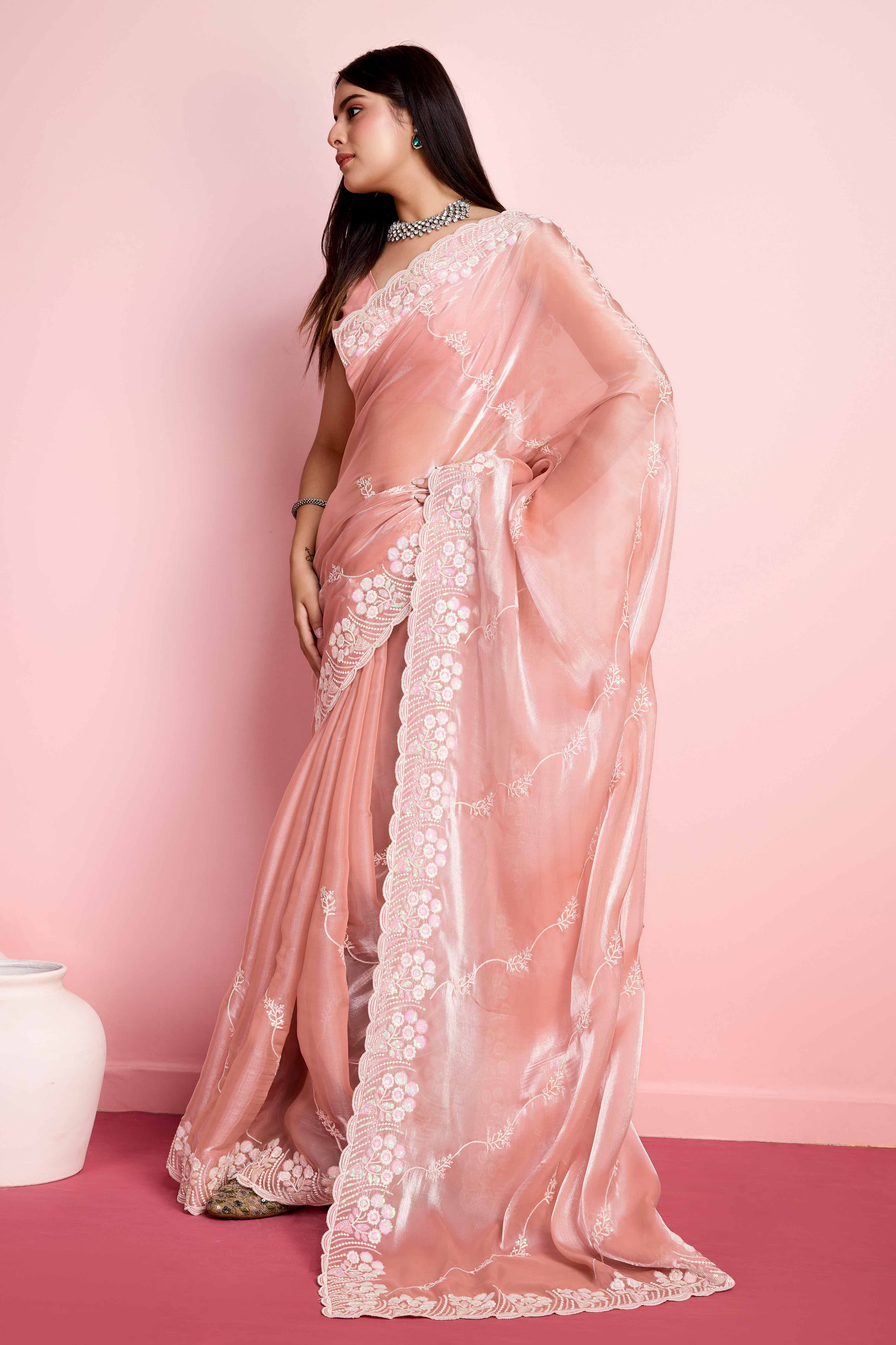 Peach Floral Sequins Embroidered Jimmy Choo Tissue Saree