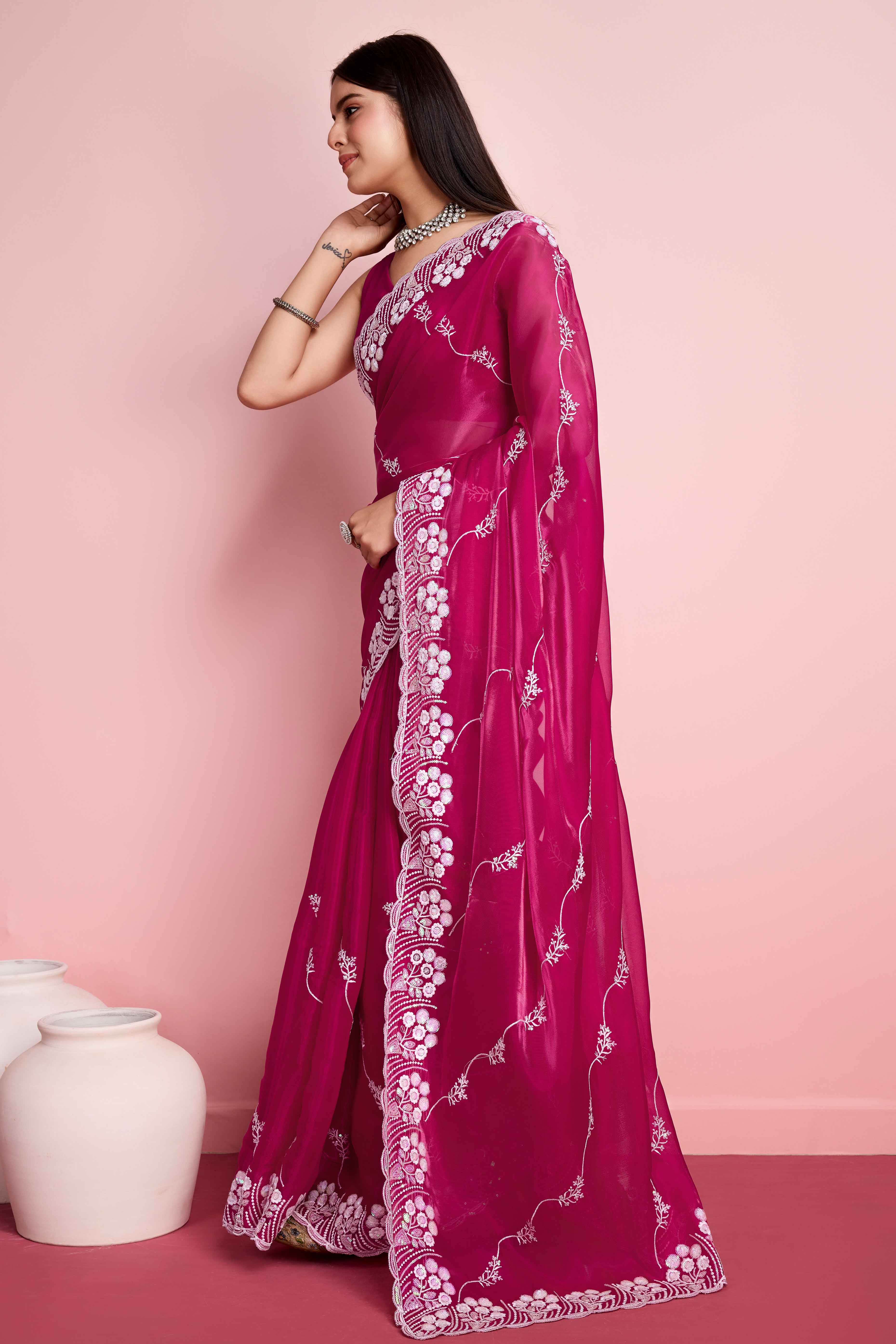 Rani Pink Floral Sequins Embroidered Jimmy Choo Tissue Saree