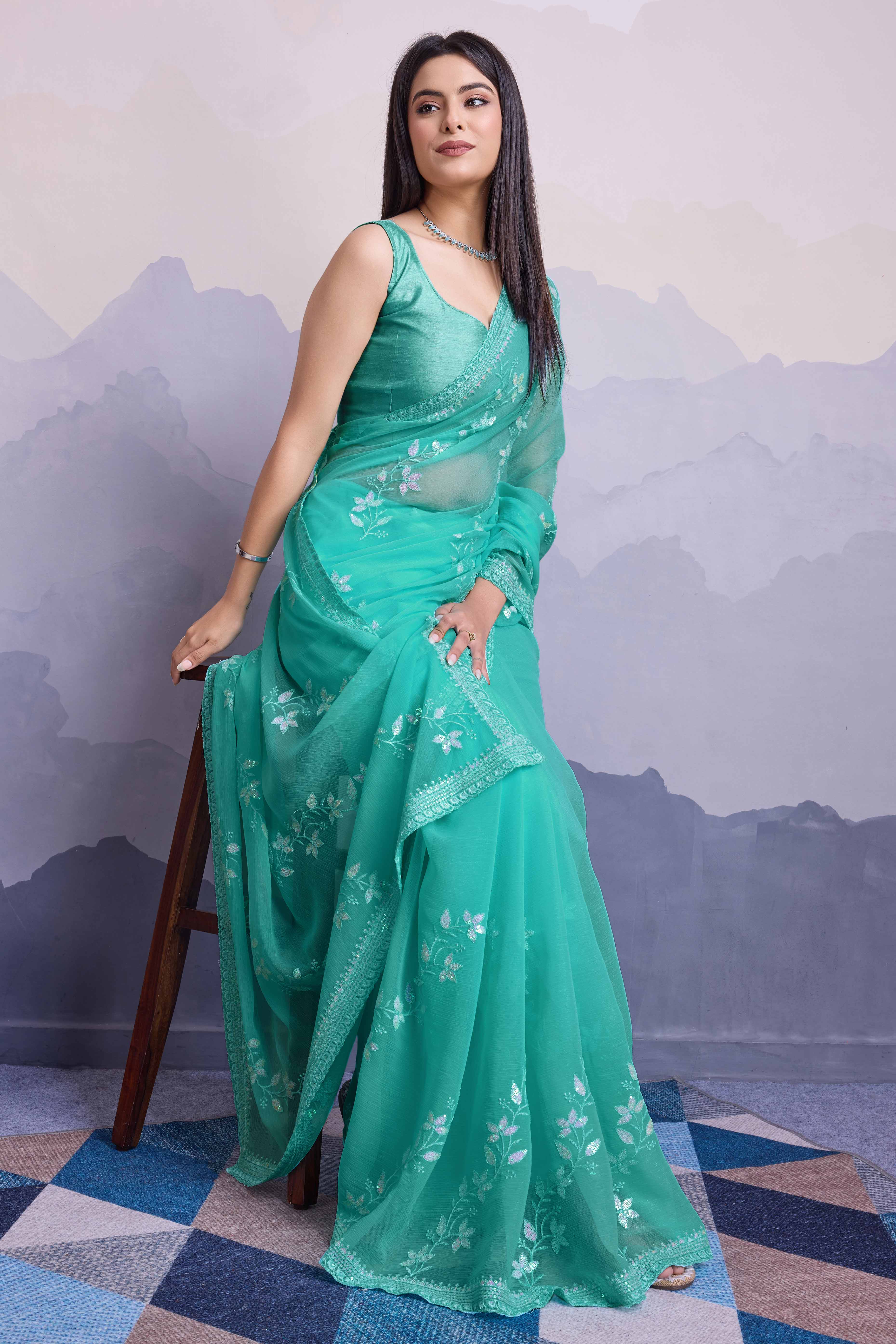 Rama Green Floral Sequins Embroidered Chiffon Saree