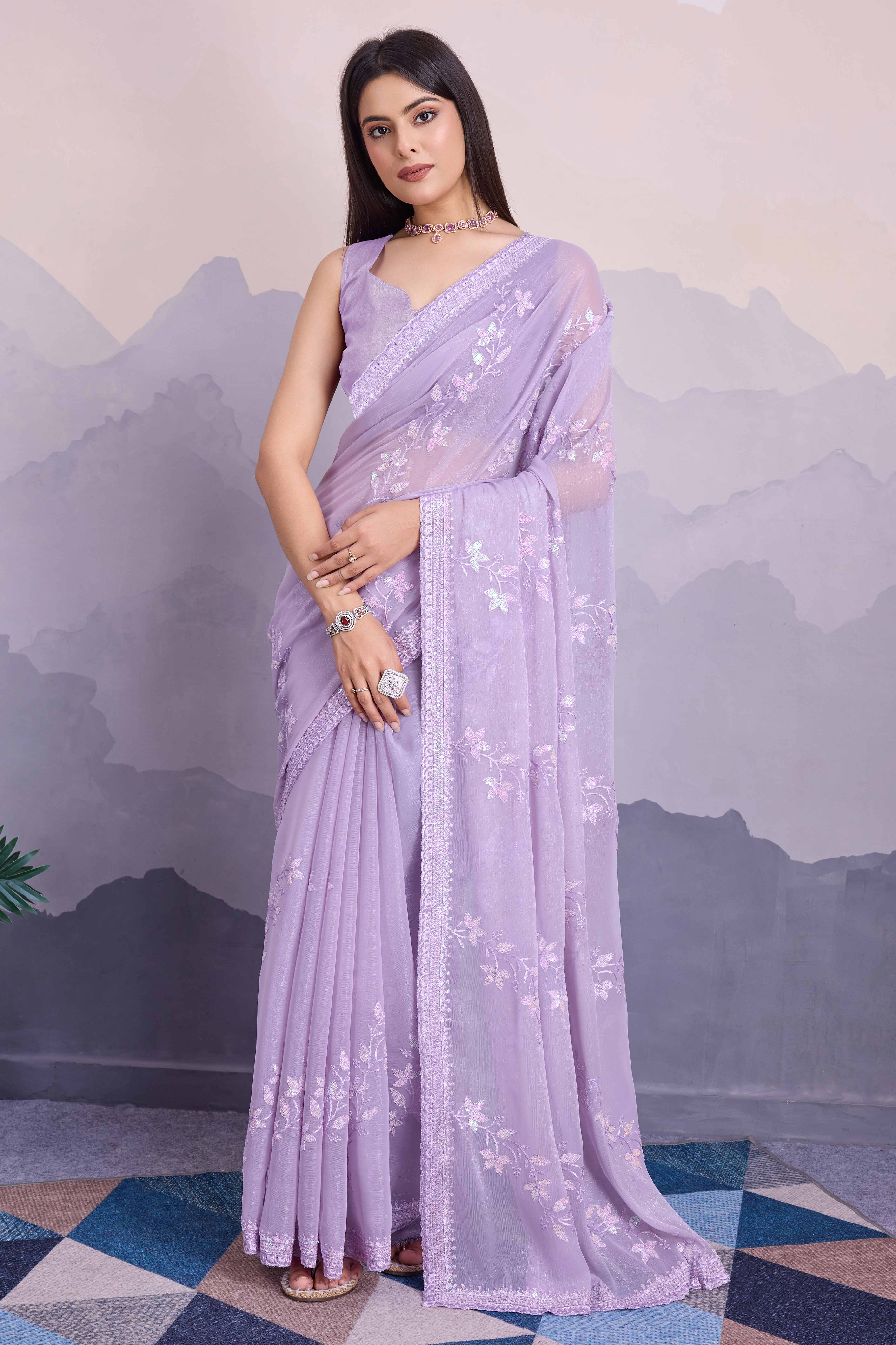 Light Purple Floral Sequins Embroidered Chiffon Saree
