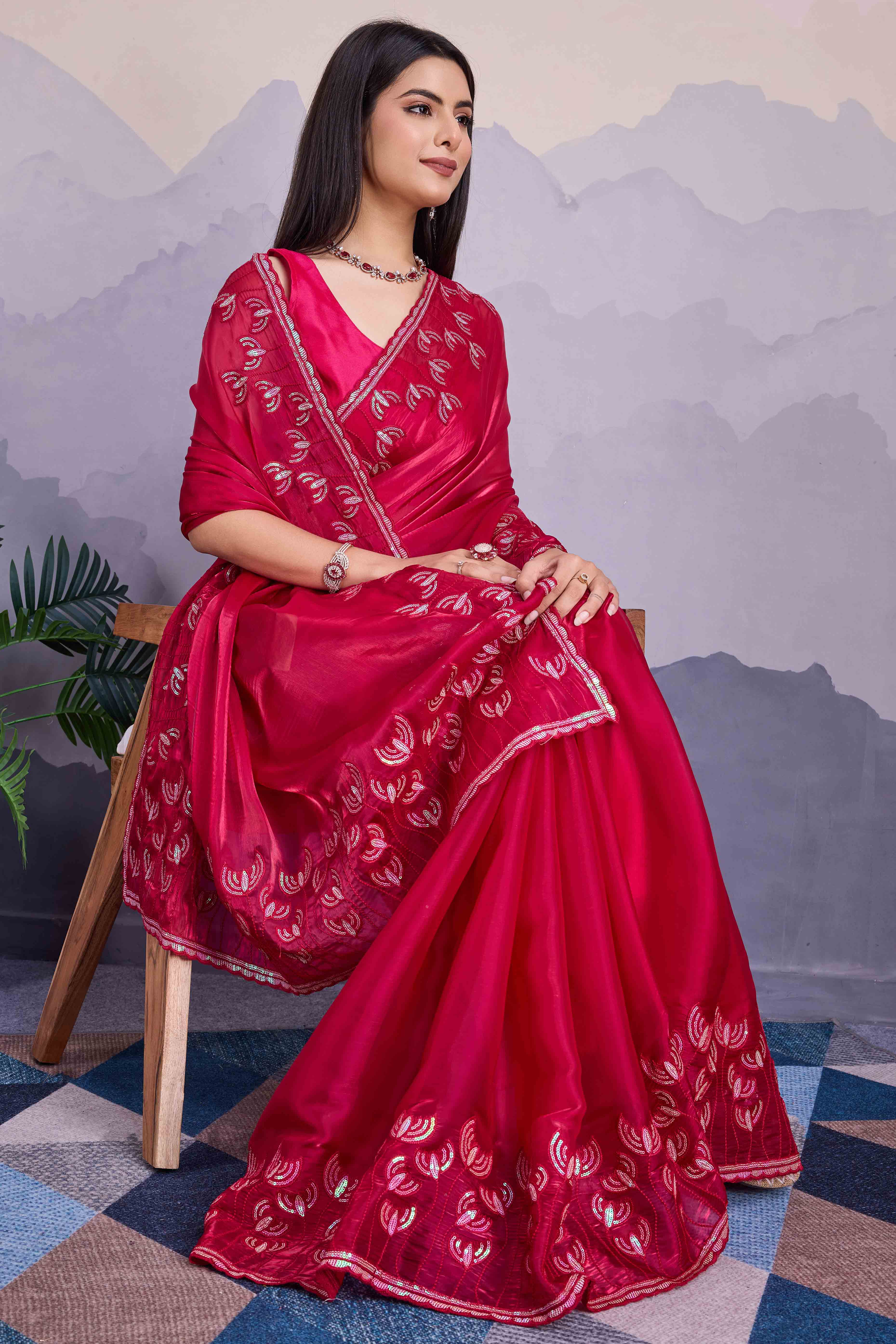 Pink Floral Sequins Embroidered Jimmi Choo Zoya Silk Saree