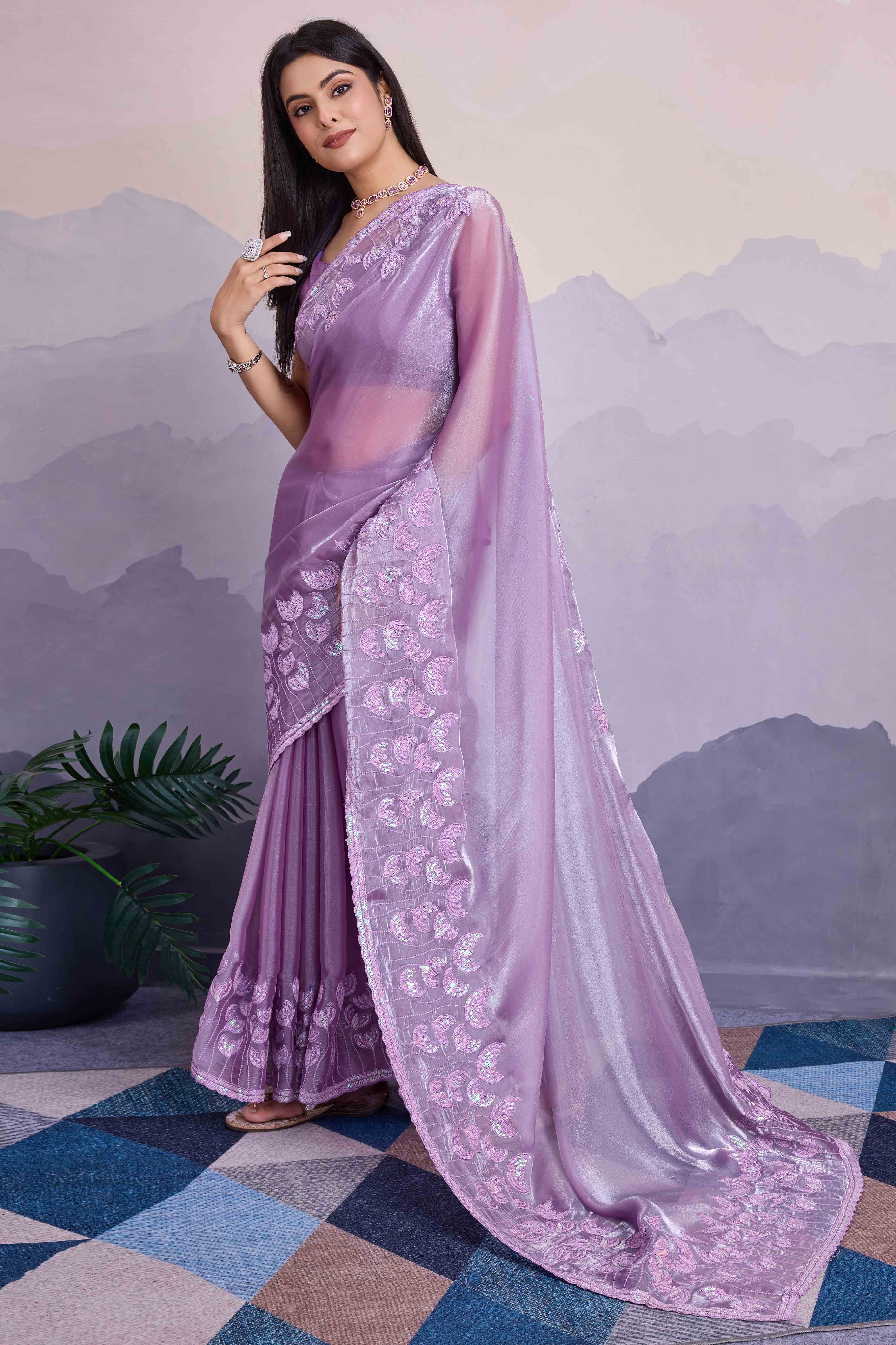 Lavender Floral Sequins Embroidered Jimmi Choo Zoya Silk Saree