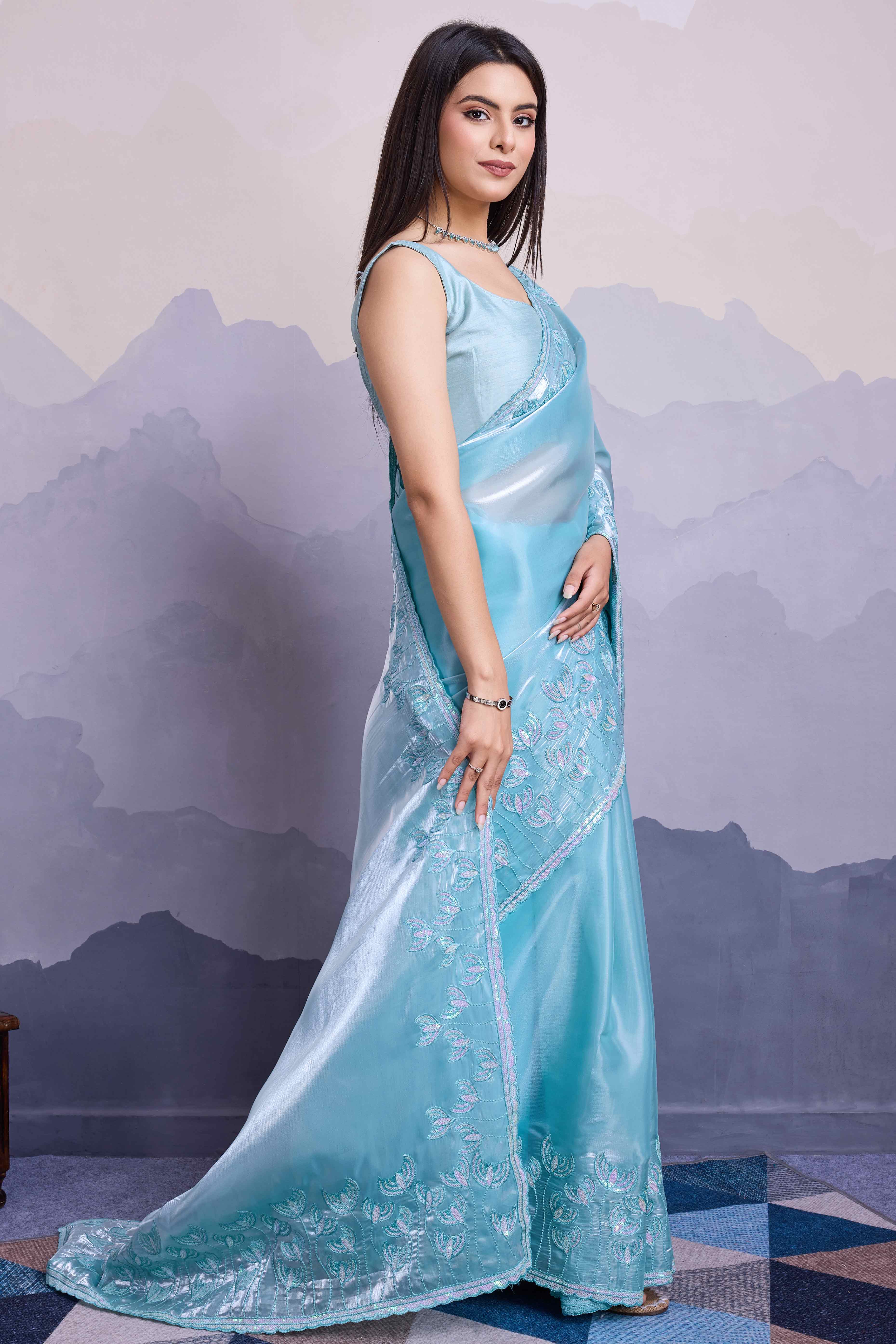 Blue Floral Sequins Embroidered Jimmi Choo Zoya Silk Saree