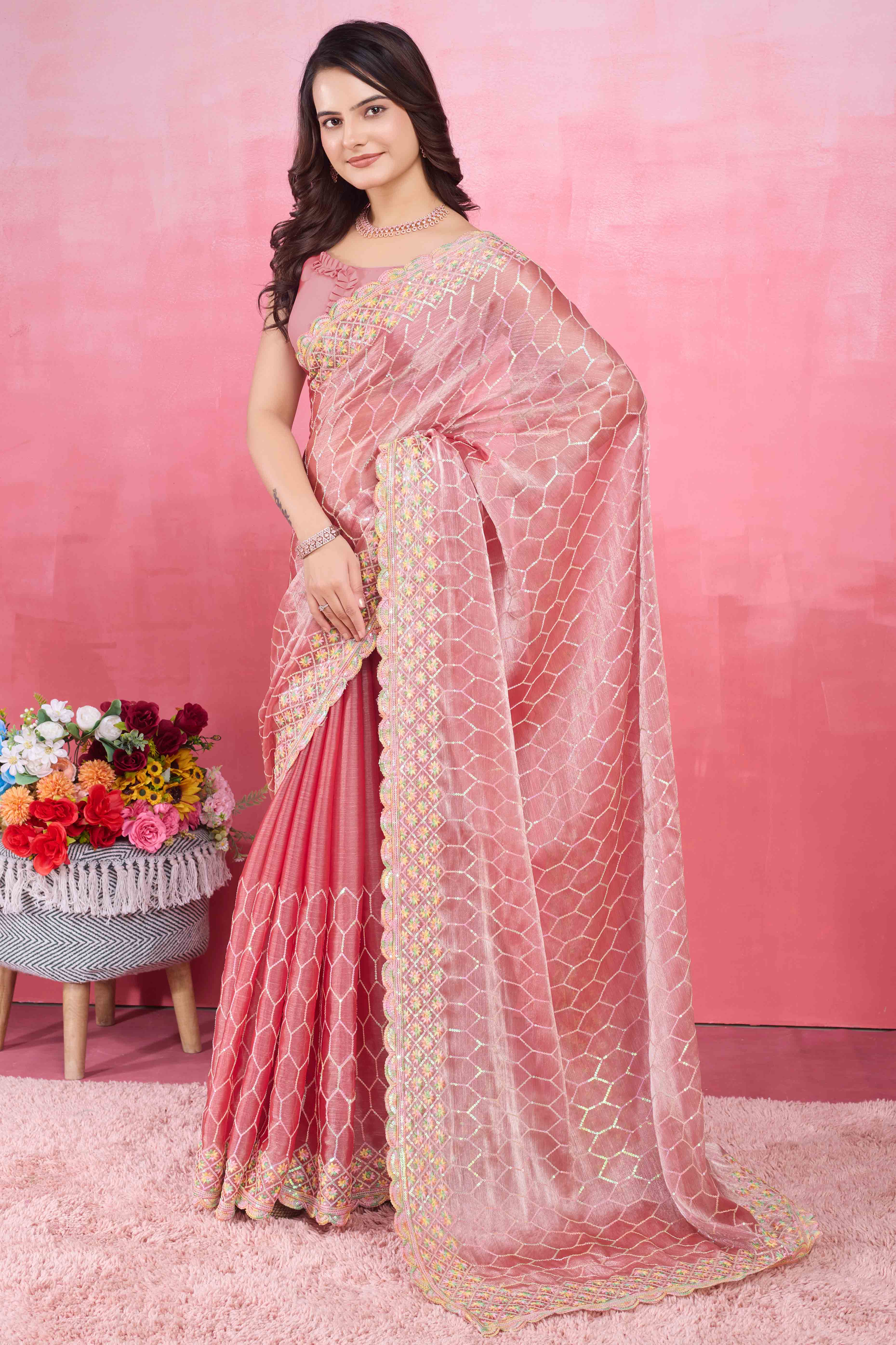 Gajari Pink Floral Sequins Embroidered Mulberry Silk Saree