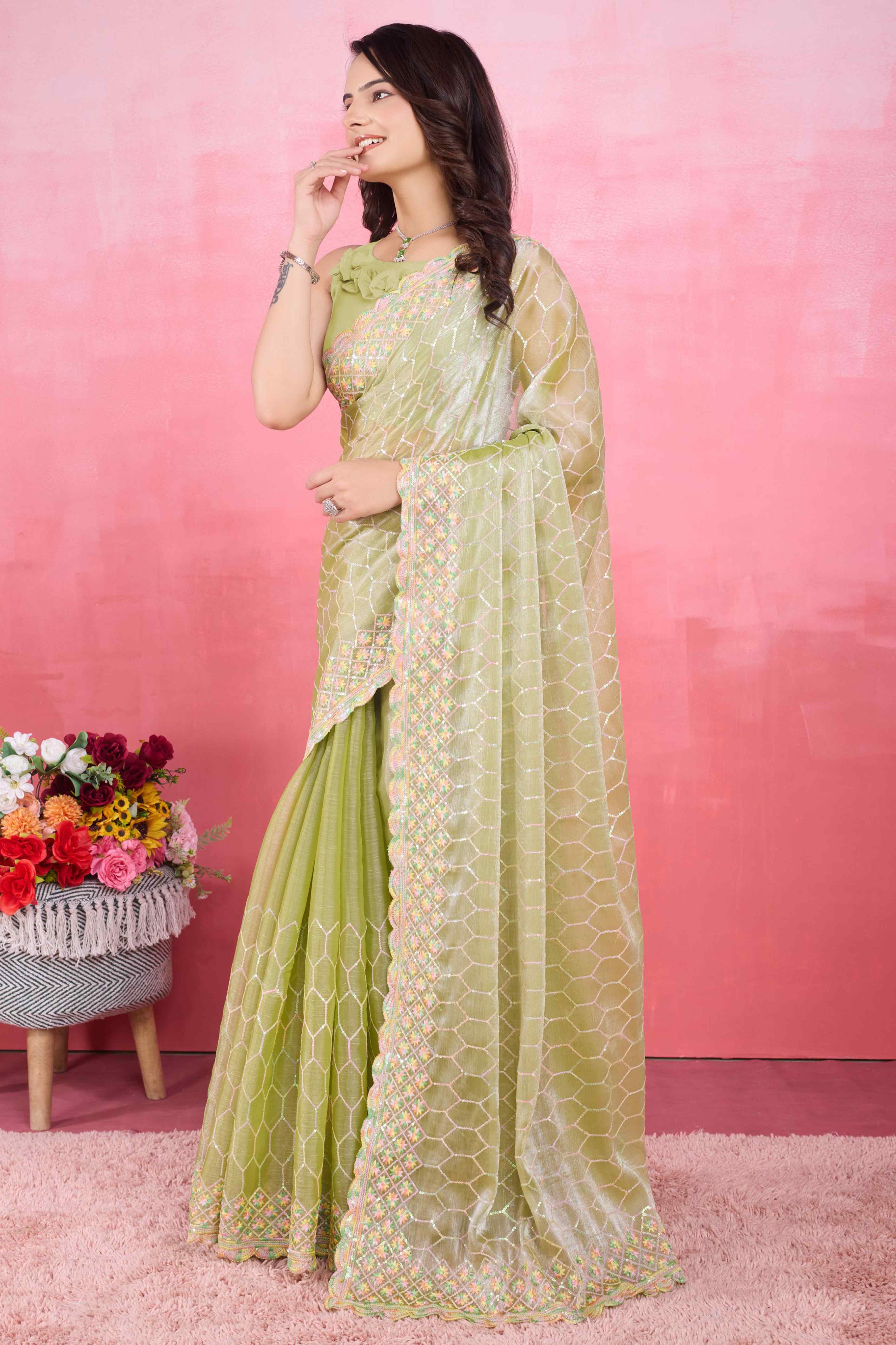 Green Floral Sequins Embroidered Mulberry Silk Saree