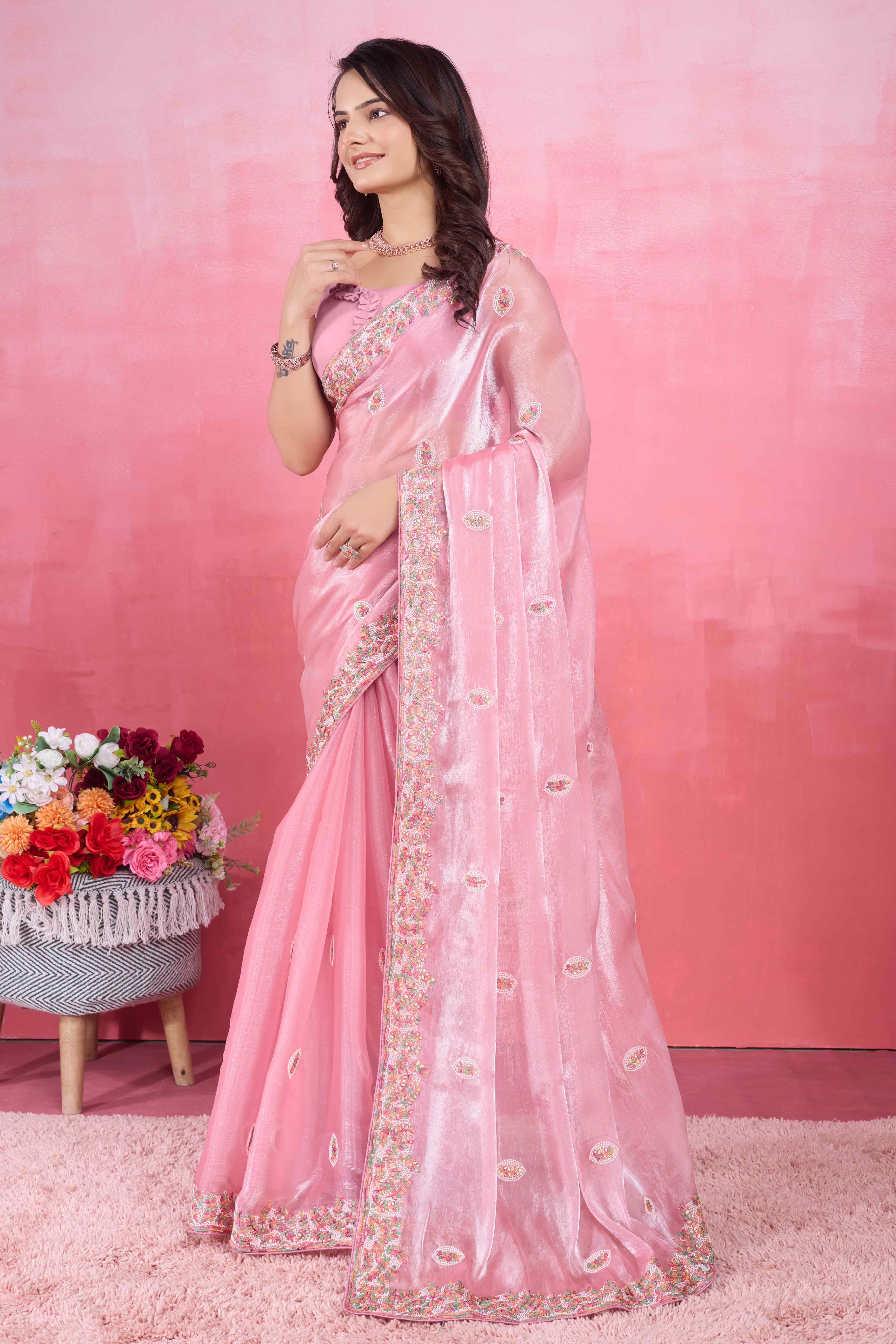 Baby Pink Floral Sequins Embroidered Mulberry Silk Saree