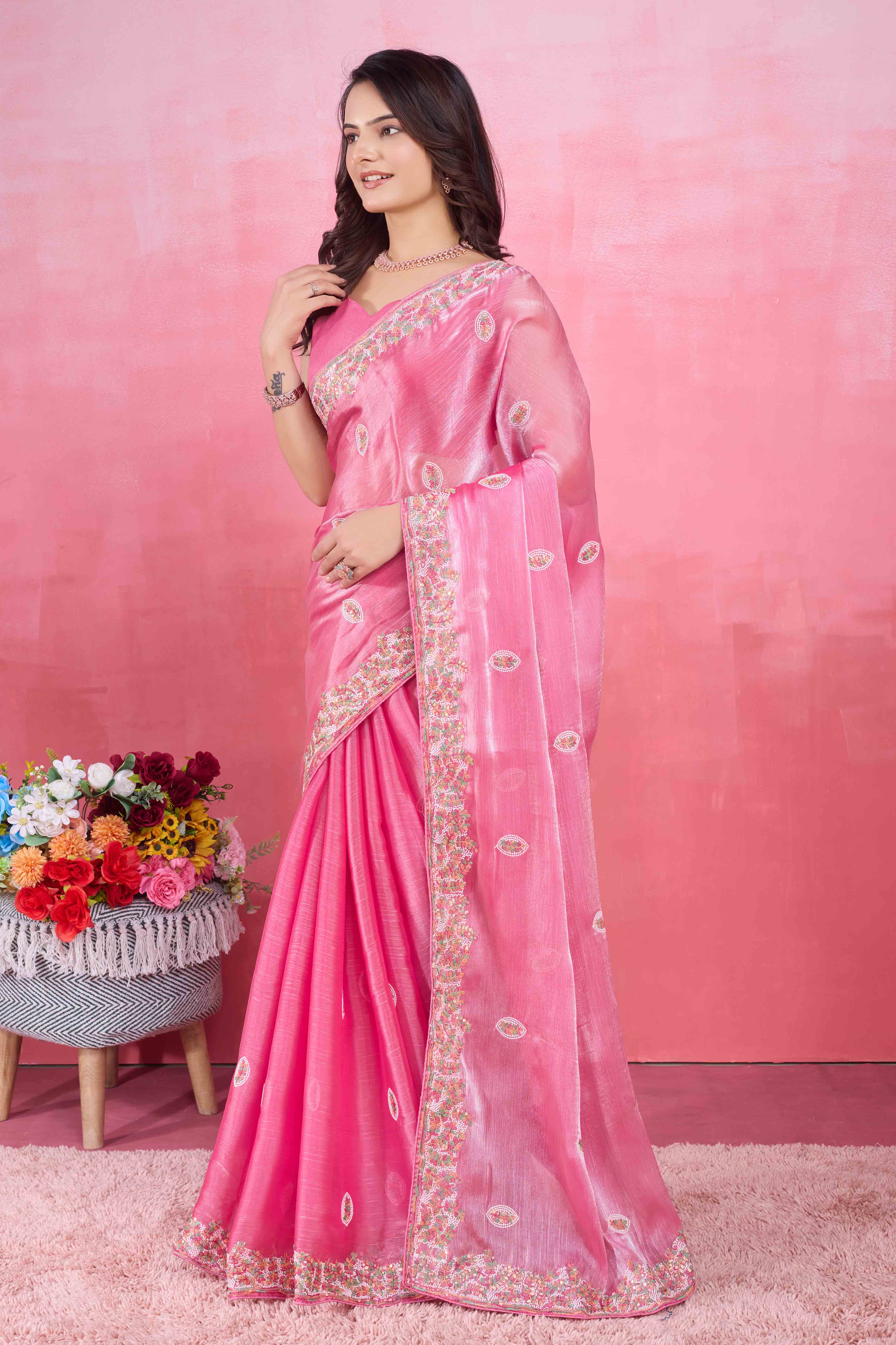 Pink Floral Sequins Embroidered Mulberry Silk Saree