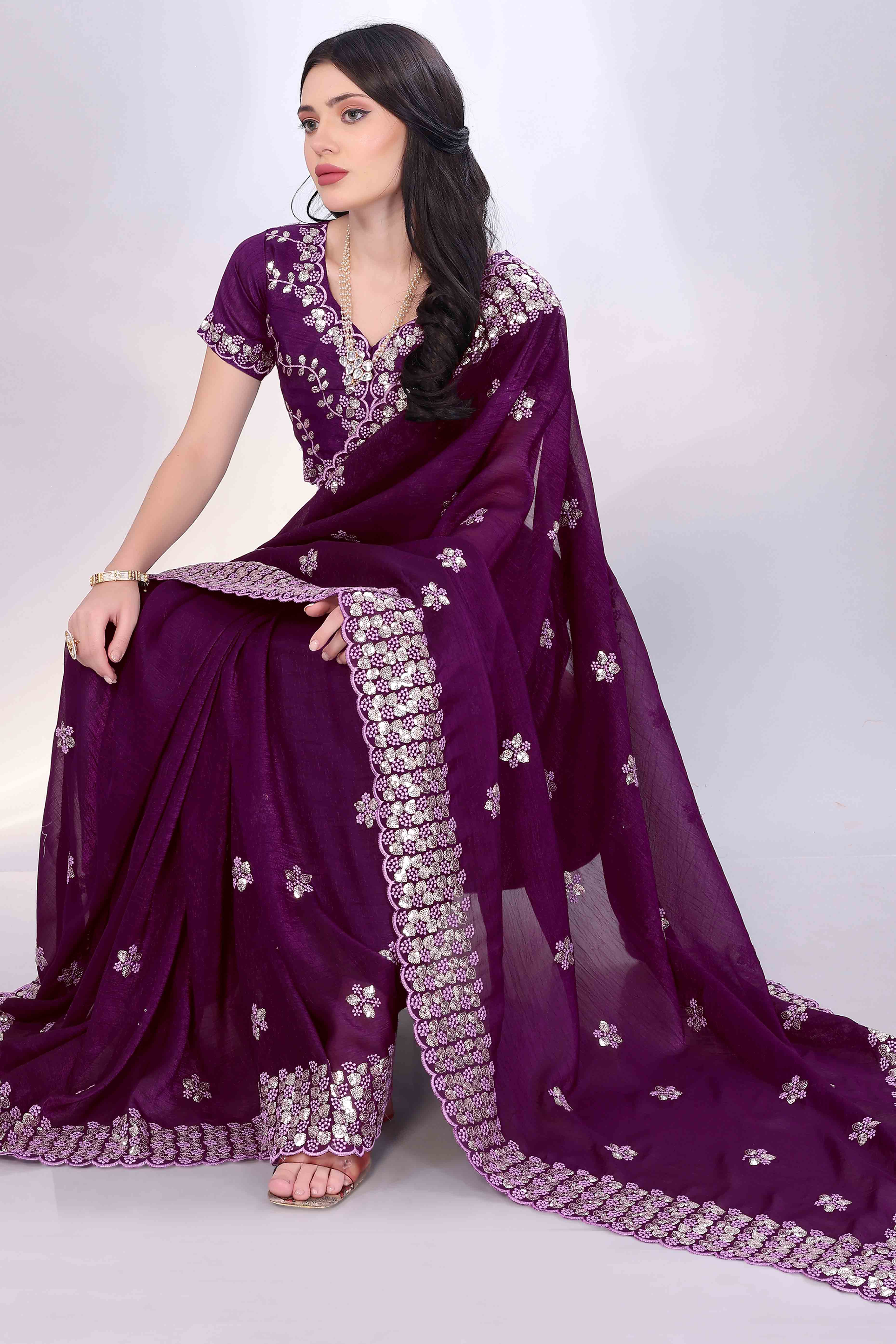 Wine Crunchy Organza Silk Saree Adorned With Intricate Floral Sequins Embroidery