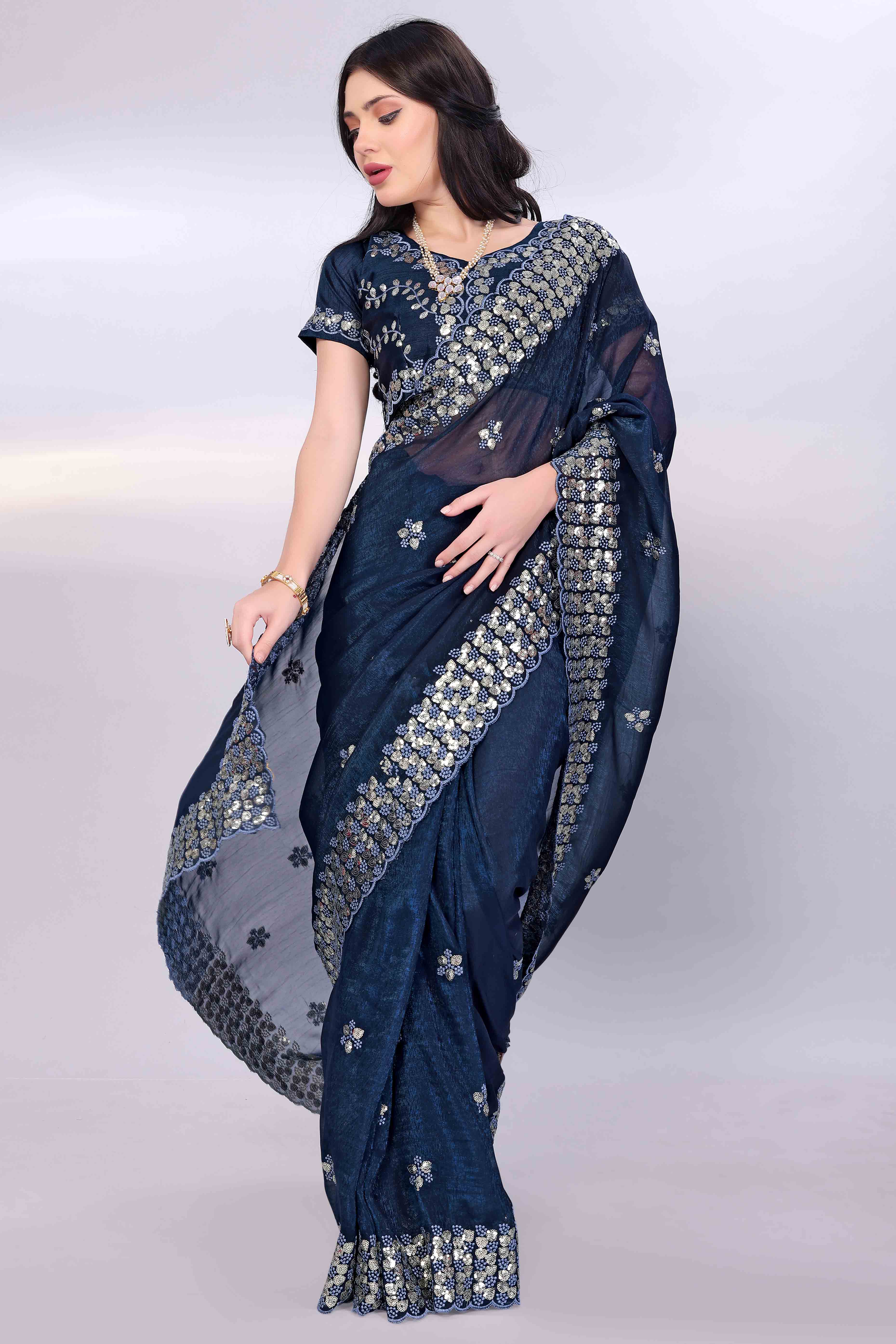 Blue Crunchy Organza Silk Saree Adorned With Intricate Floral Sequins Embroidery