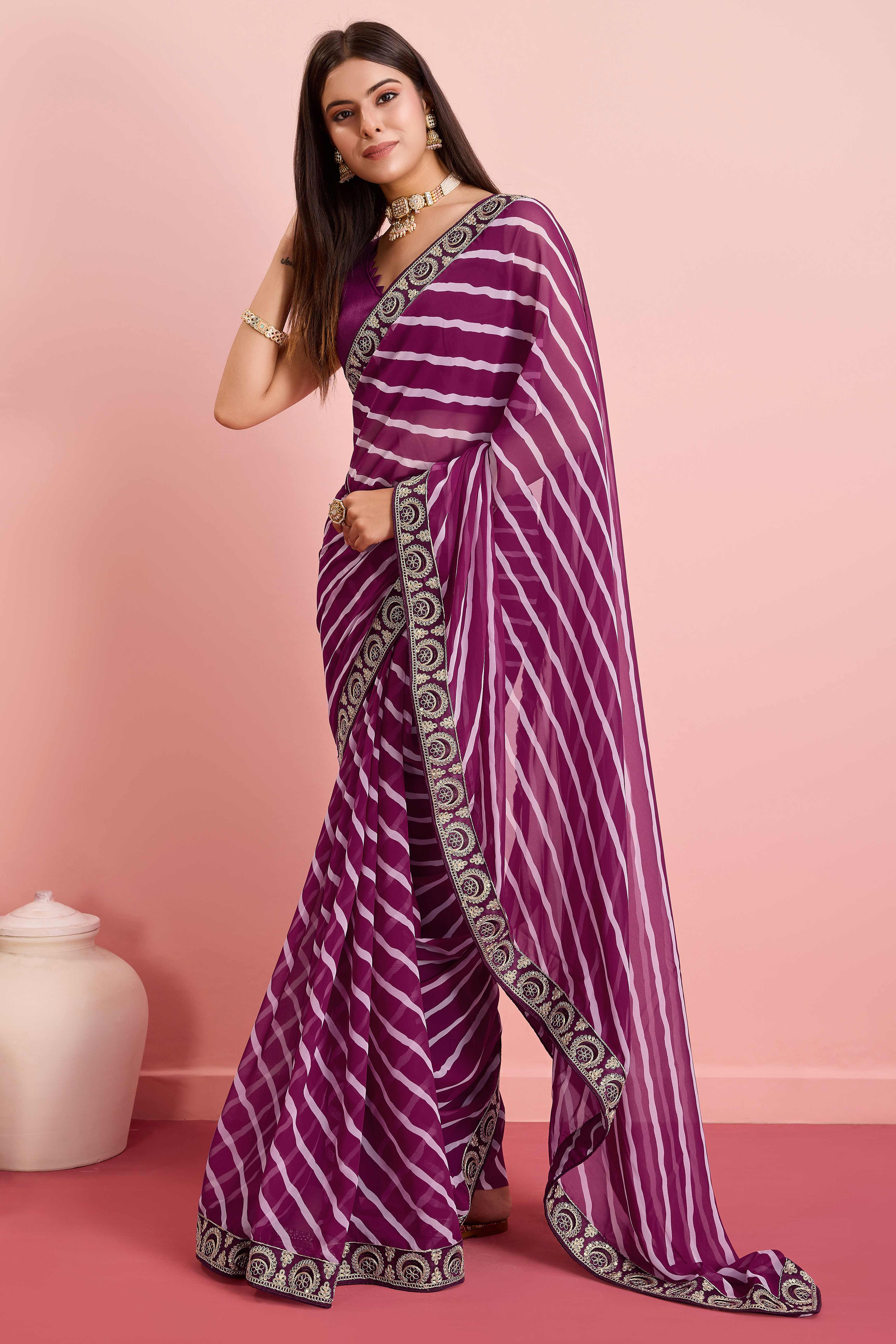Elegant Purple Leheriya Printed Saree in Flowing Georgette