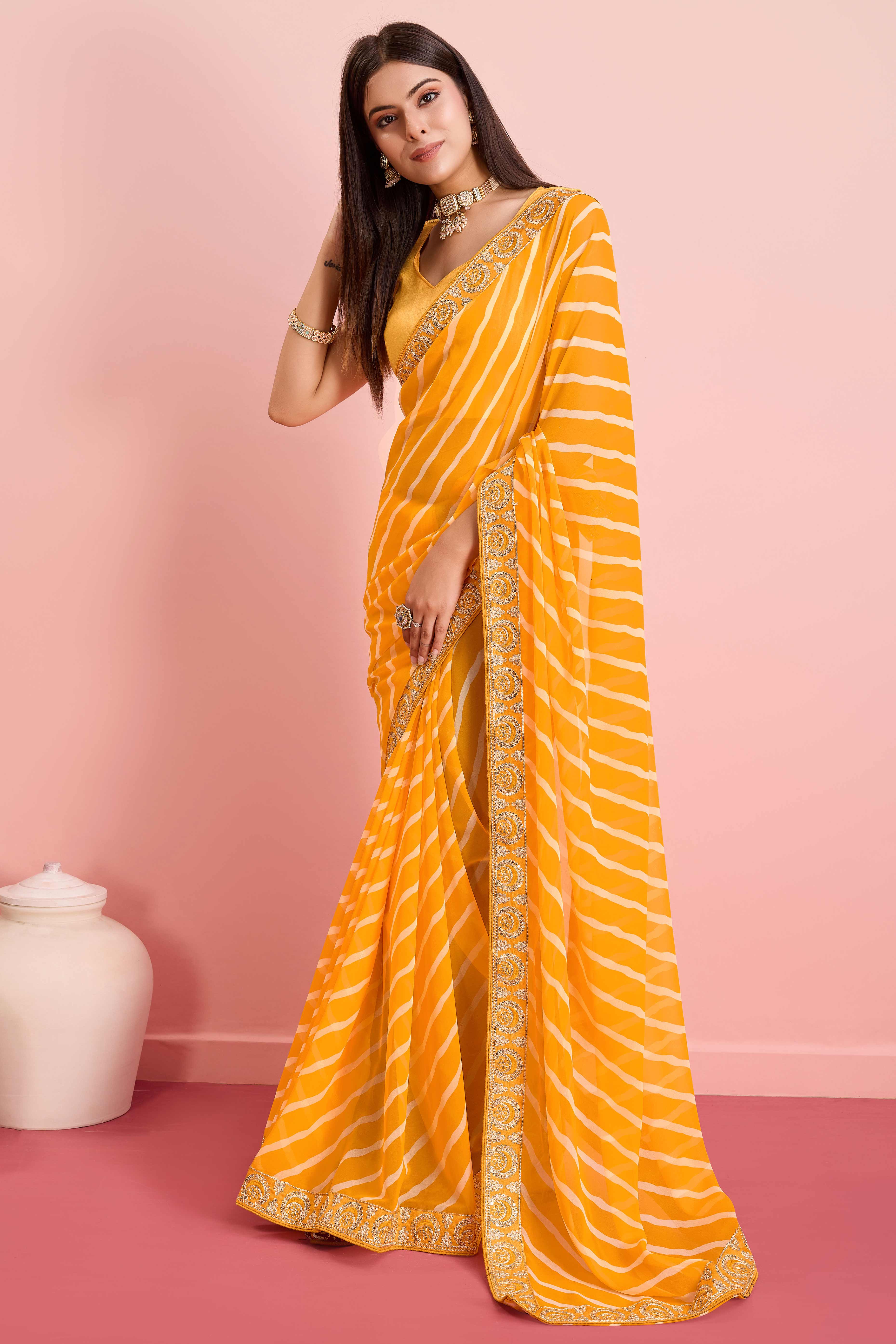Elegant Yellow Leheriya Printed Saree in Flowing Georgette