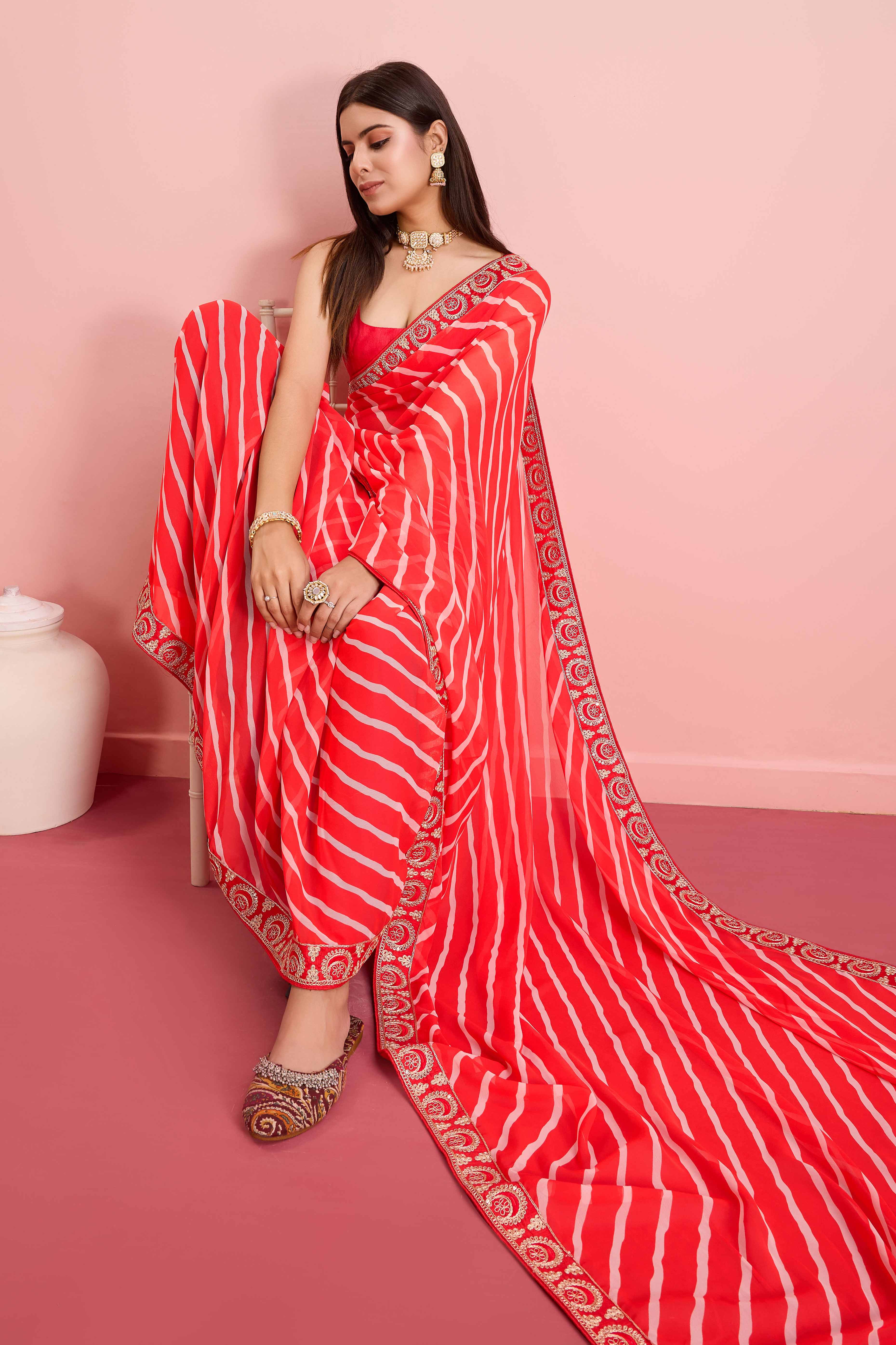 Elegant Red Leheriya Printed Saree in Flowing Georgette