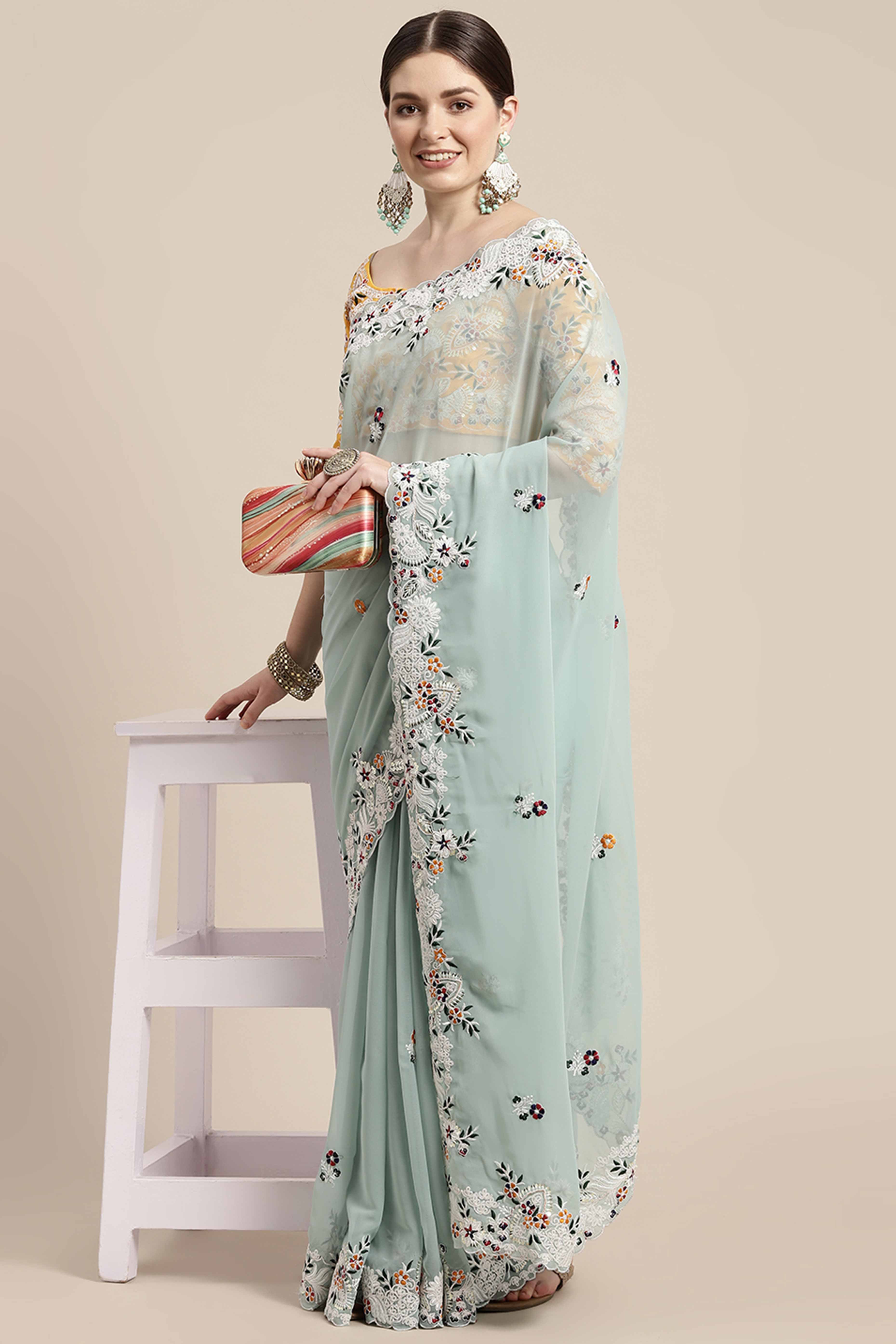 Partywear Mint Green Georgette Saree with Floral Embroidery