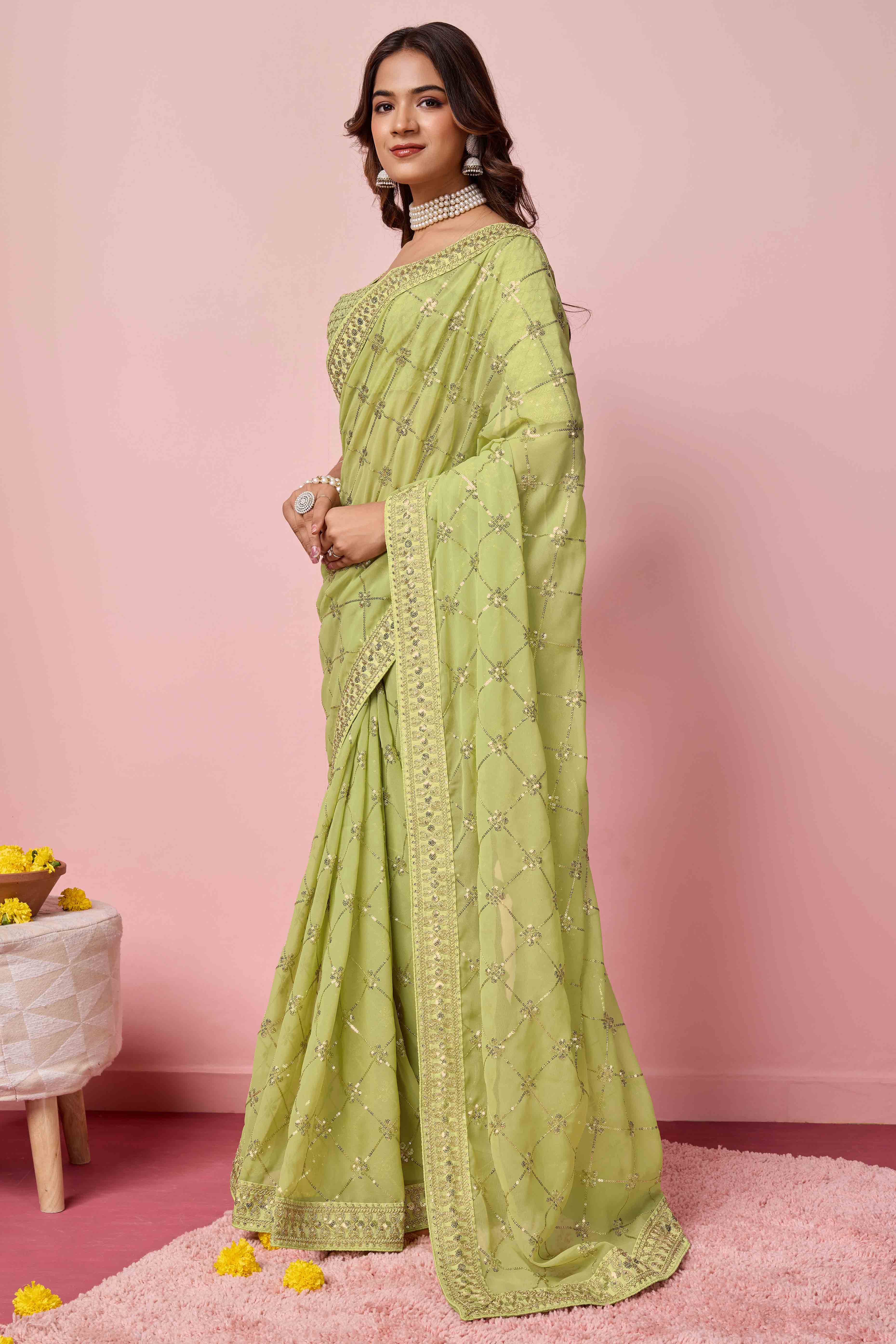 Green Sequins Embroidered Georgette Saree