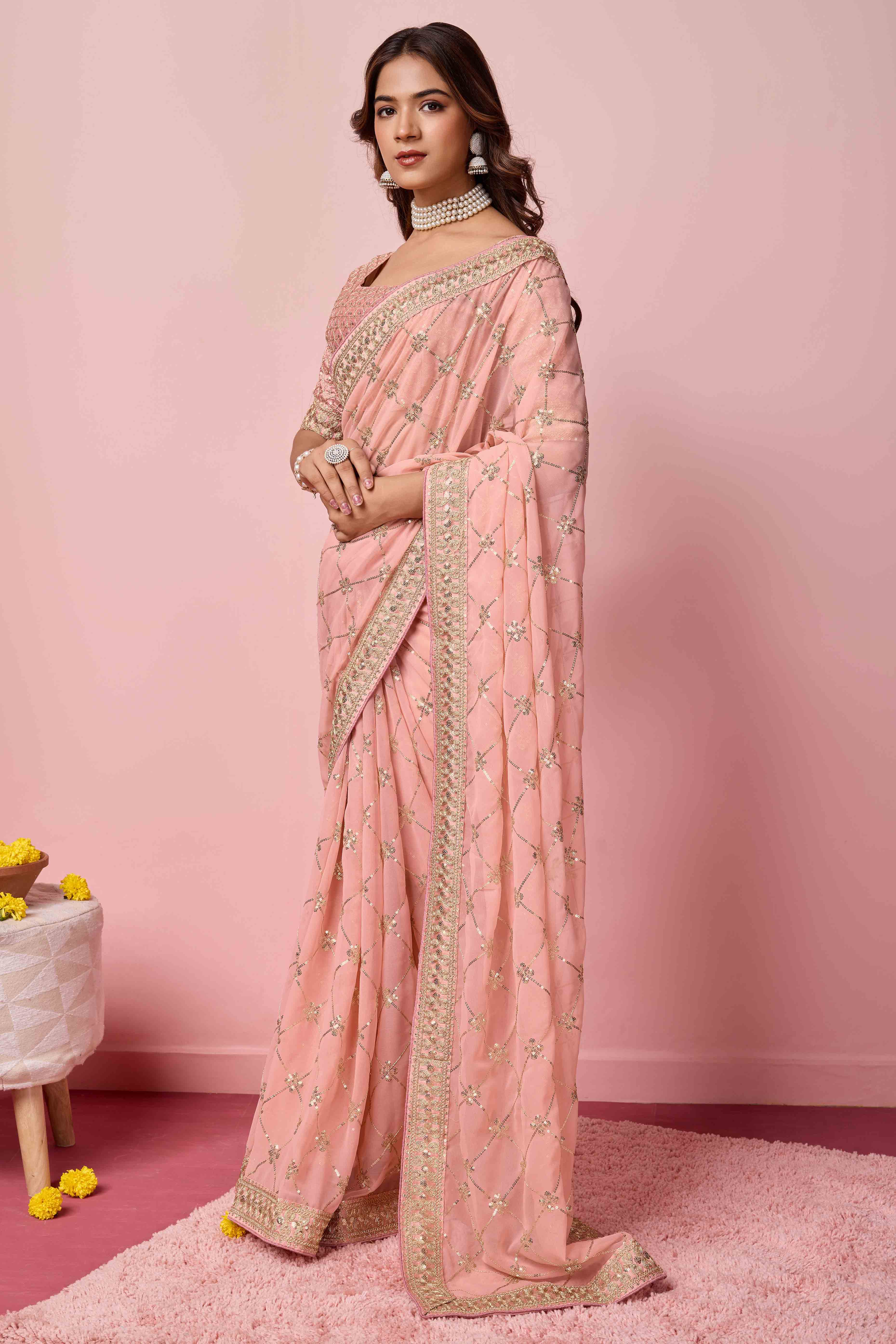 Peach Sequins Embroidered Georgette Saree