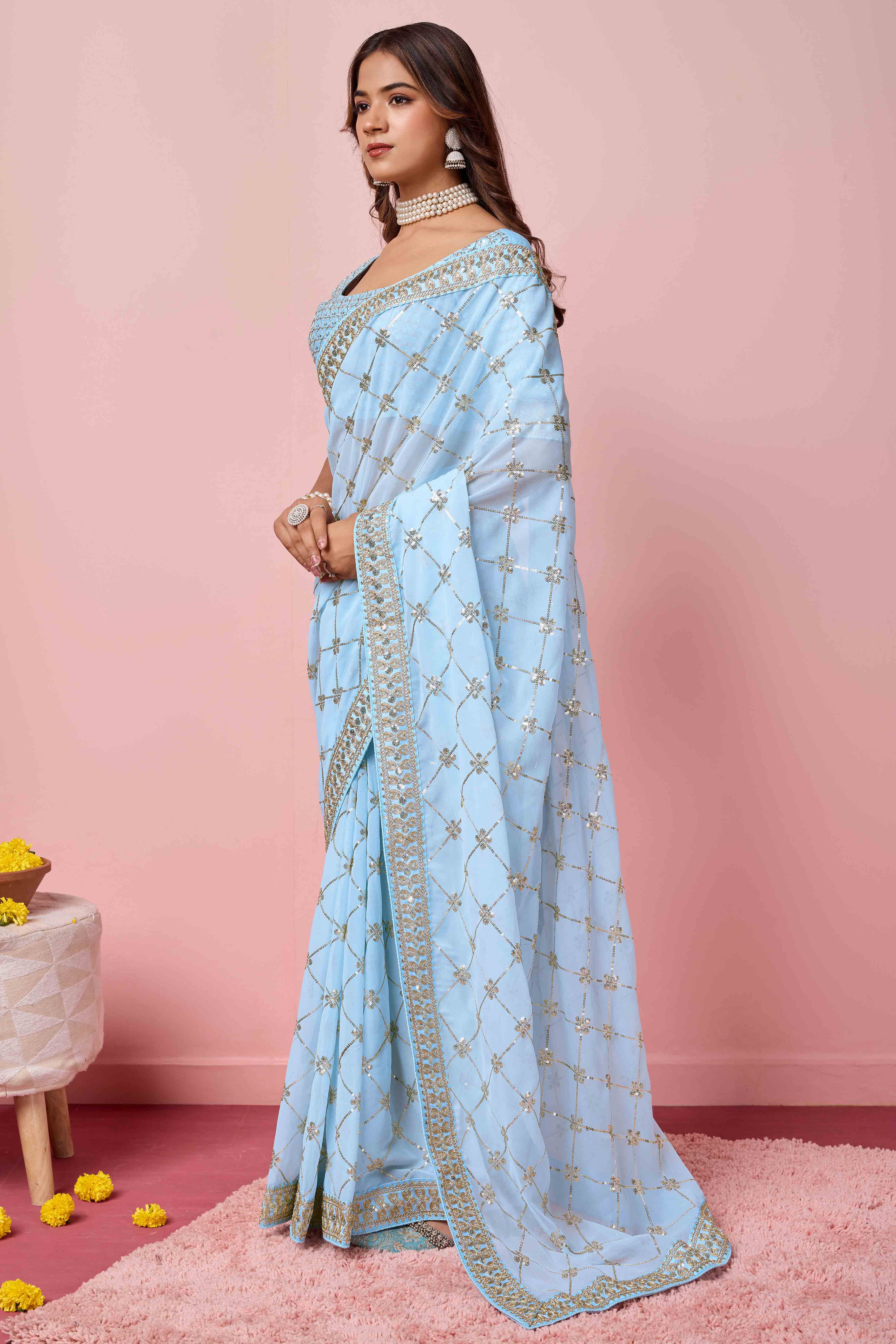 Blue Sequins Embroidered Georgette Saree
