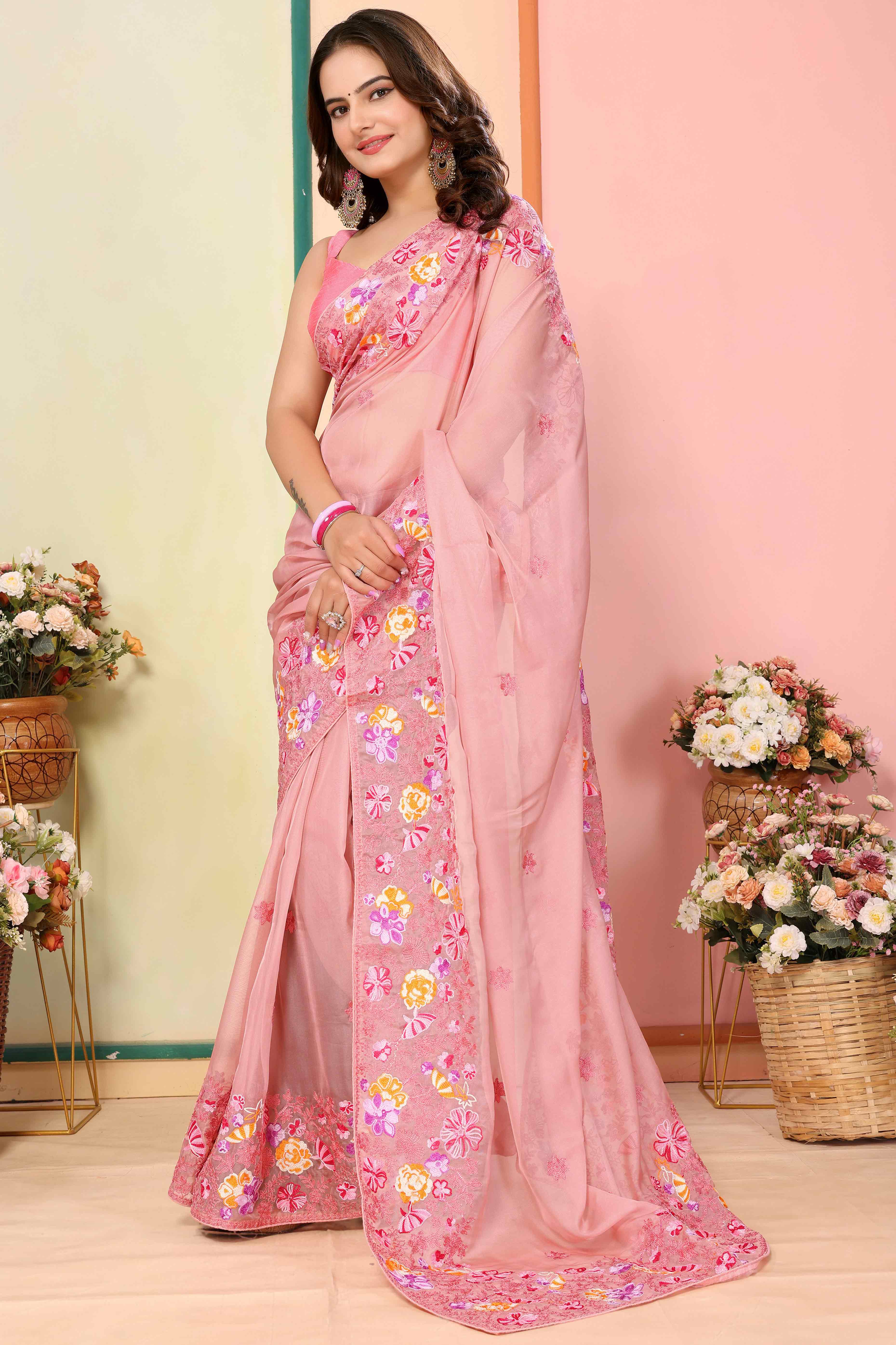 Pink Floral Embroidered Organza Saree