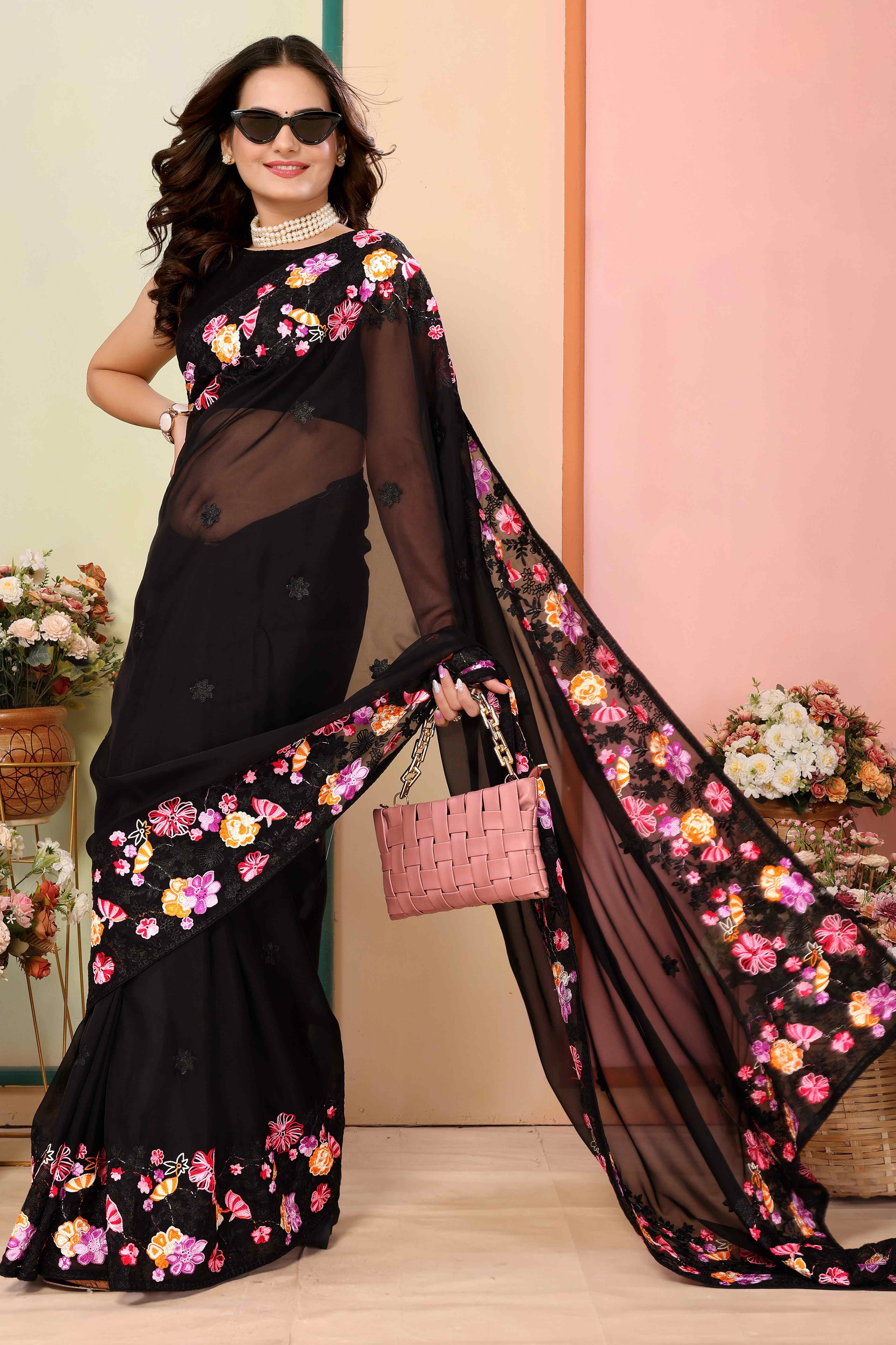Black Floral Embroidered Organza Saree