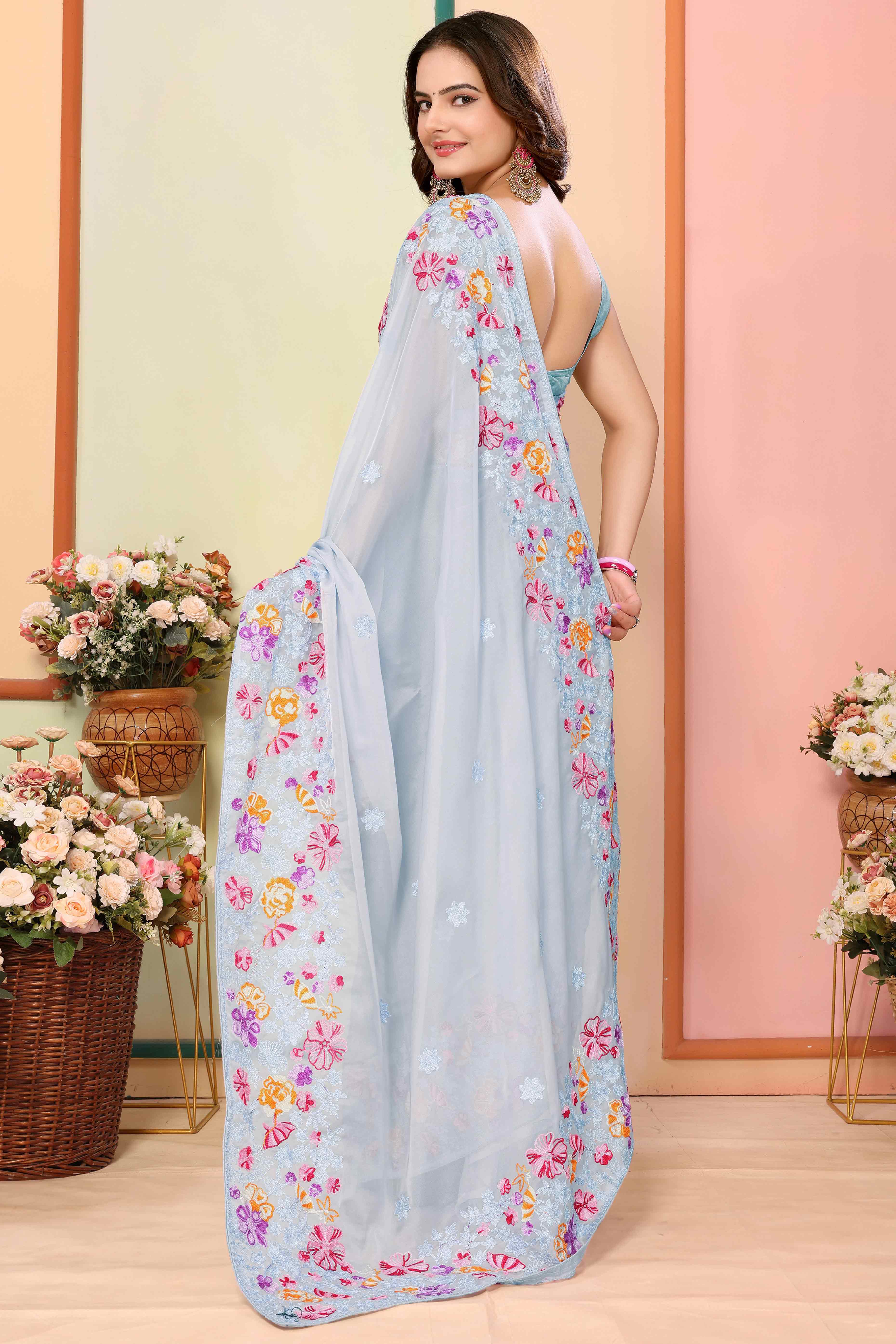 Blue Floral Embroidered Organza Saree