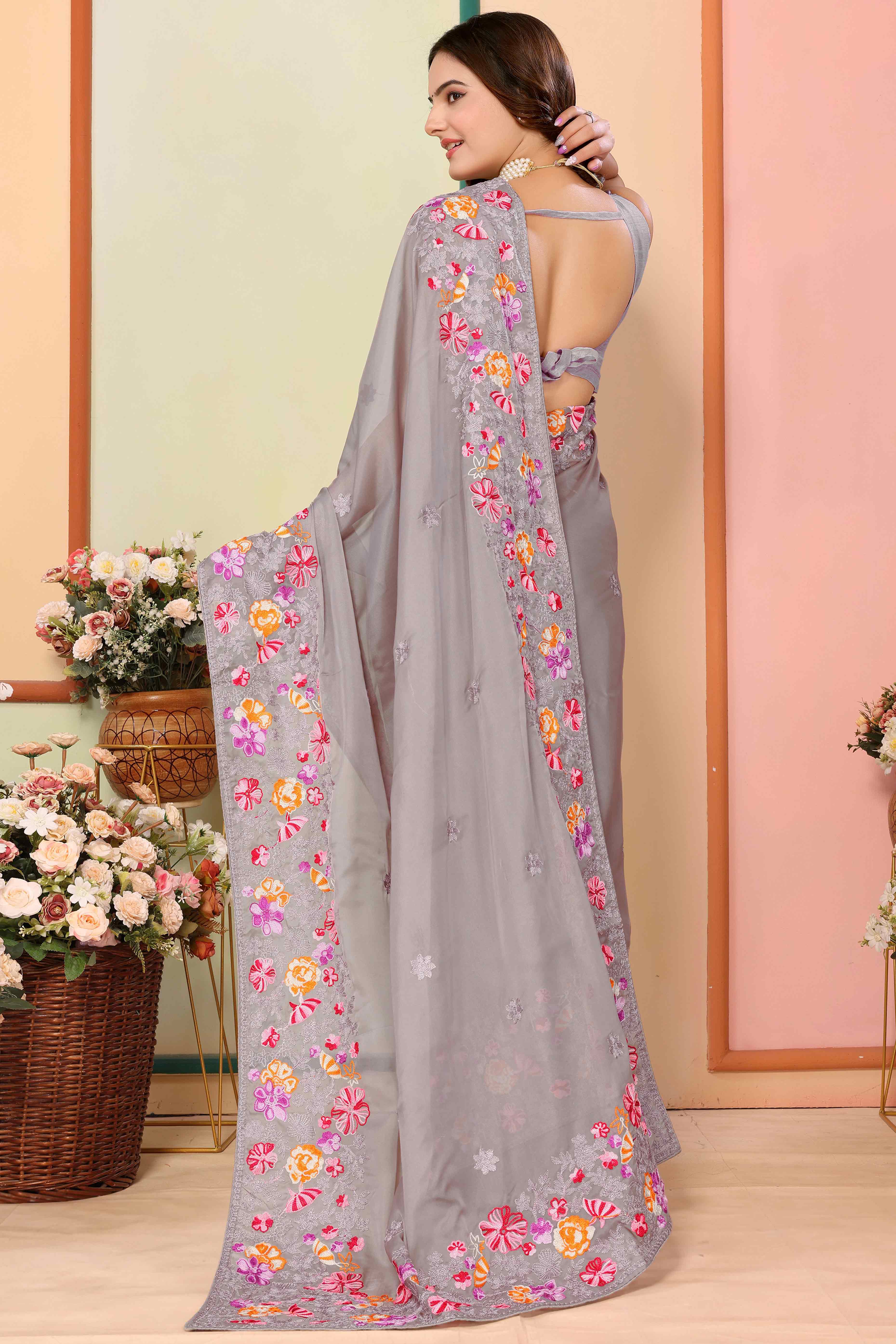Grey Floral Embroidered Organza Saree