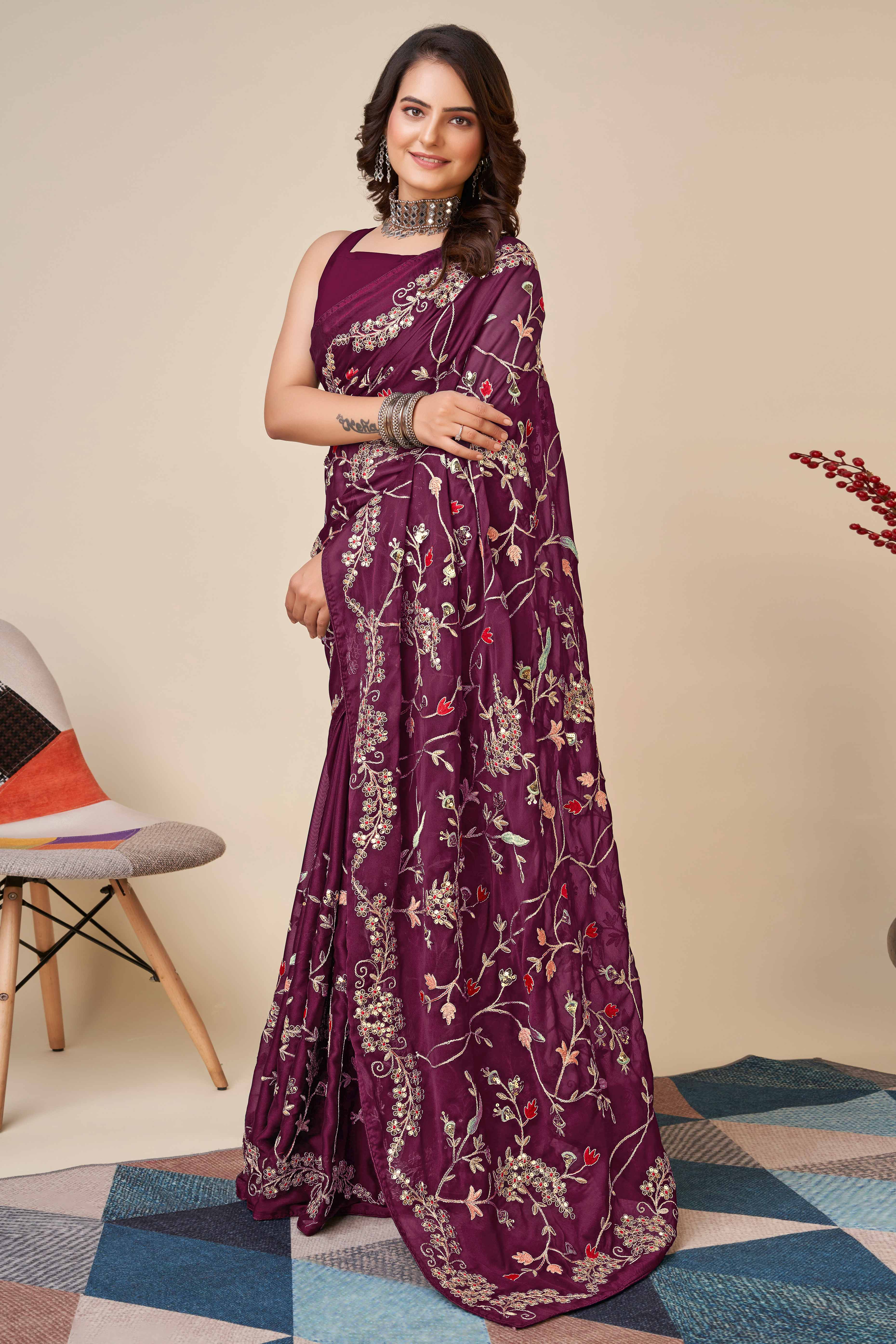 Wine Rangoli Art Silk Saree Featuring Intricate Floral Cording Embroidery & Sparkling Sequin Work