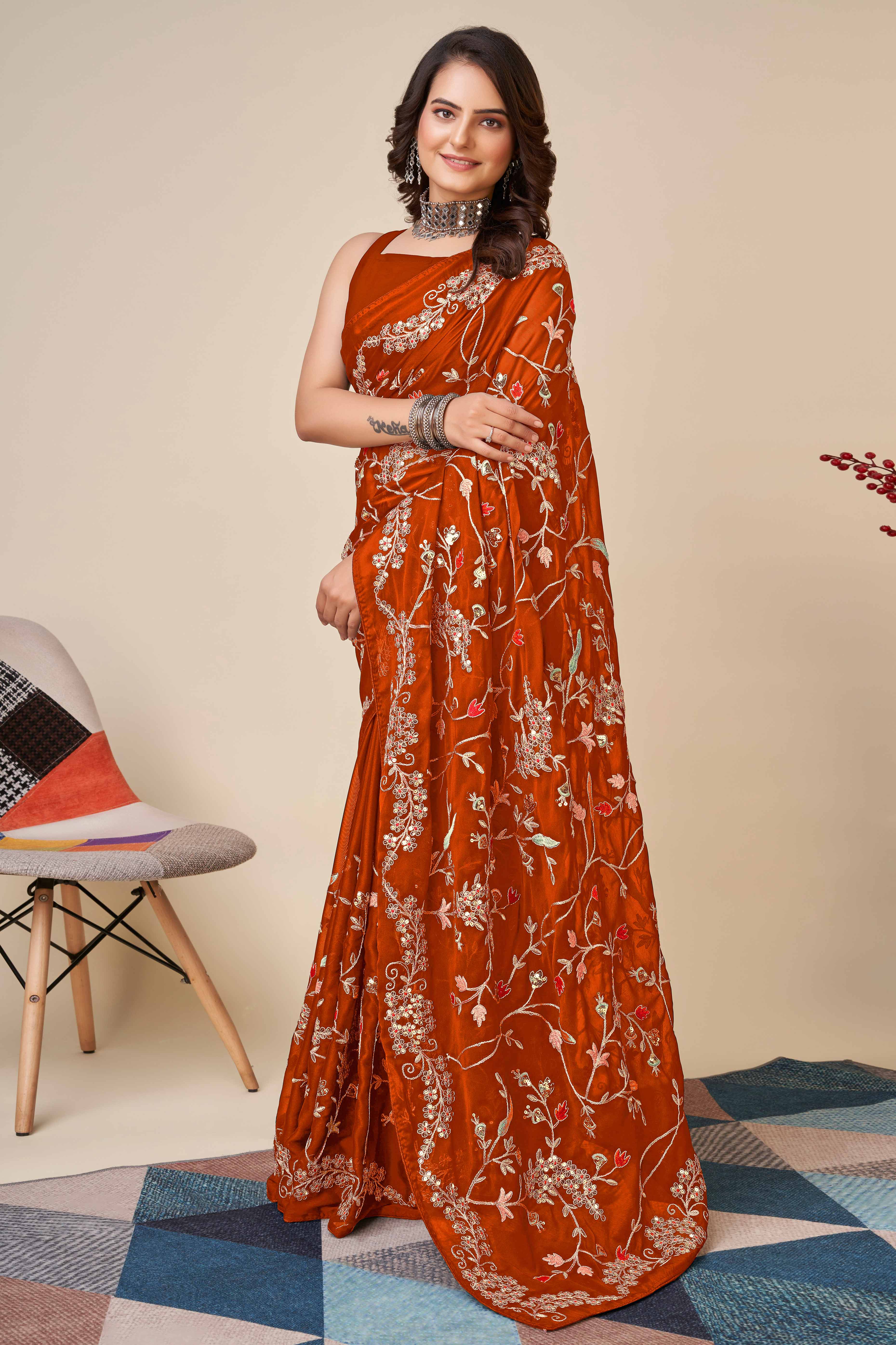 Orange Rangoli Art Silk Saree Featuring Intricate Floral Cording Embroidery & Sparkling Sequin Work