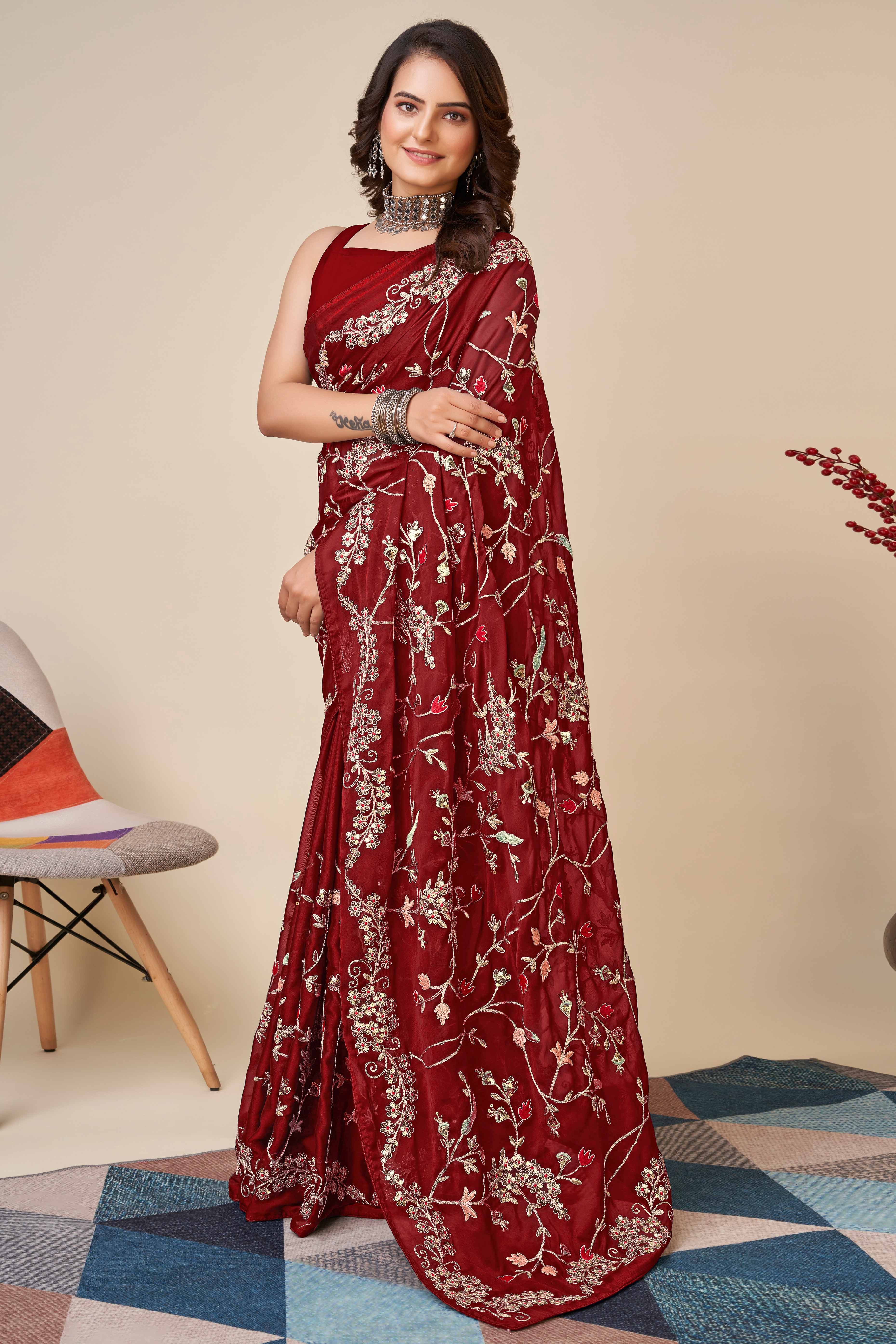Maroon Rangoli Art Silk Saree Featuring Intricate Floral Cording Embroidery & Sparkling Sequin Work