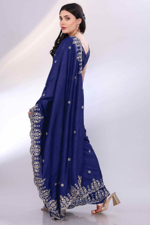 Blue Zari Embroidered Saree In Vichitra Silk With Shimmering Floral Sequins Work