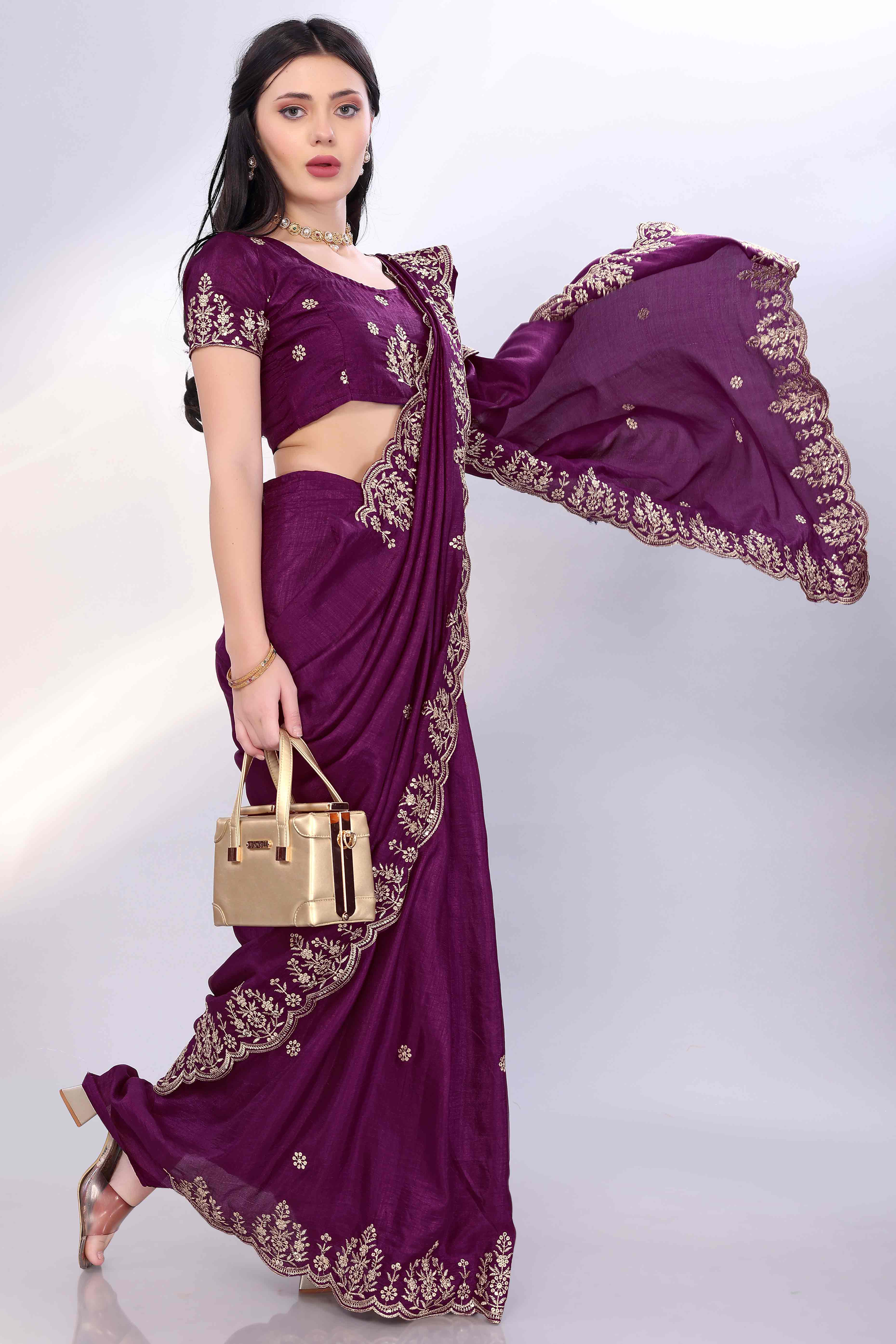 Wine Zari Embroidered Saree In Vichitra Silk With Shimmering Floral Sequins Work