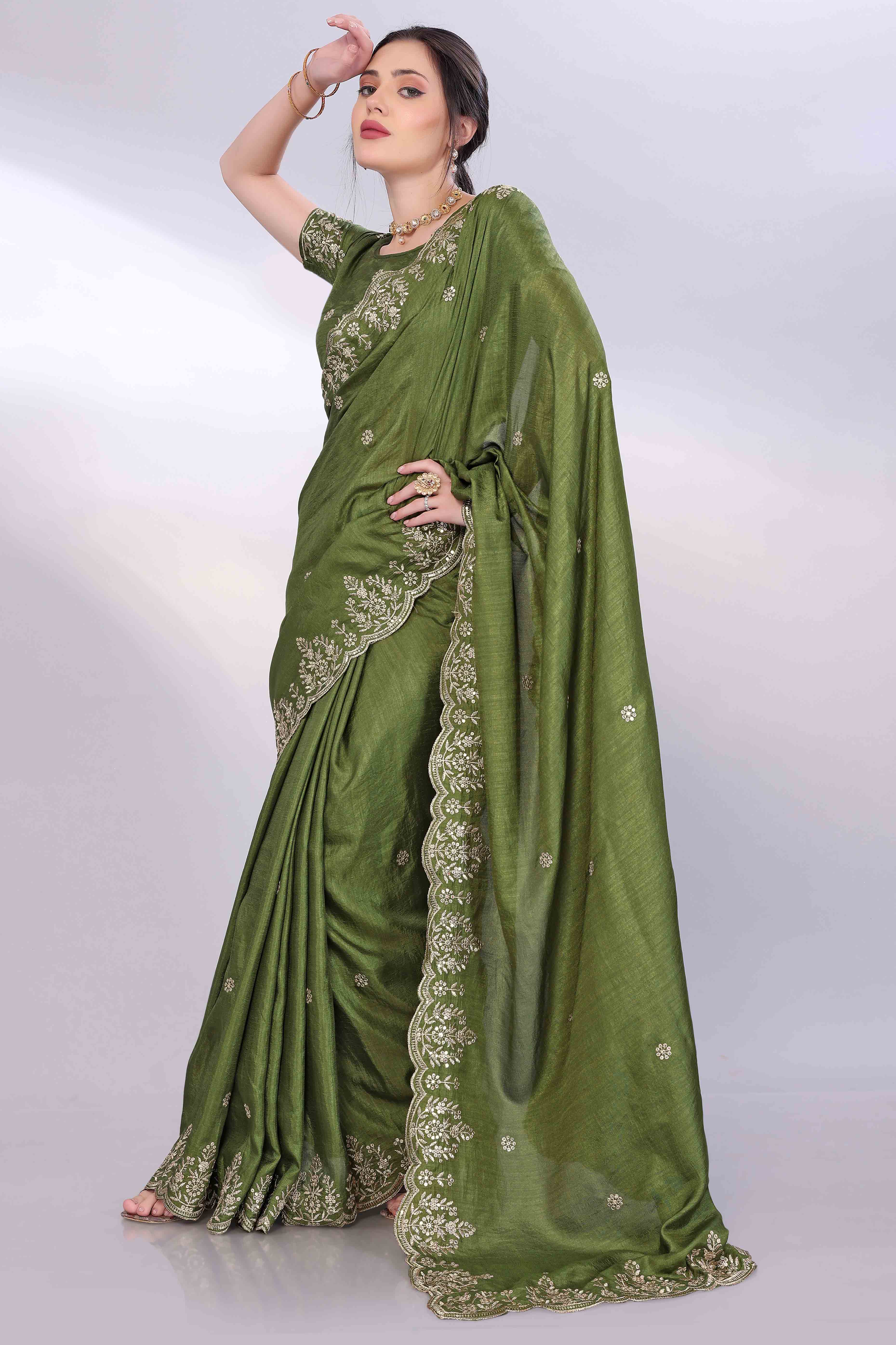 Green Zari Embroidered Saree In Vichitra Silk With Shimmering Floral Sequins Work