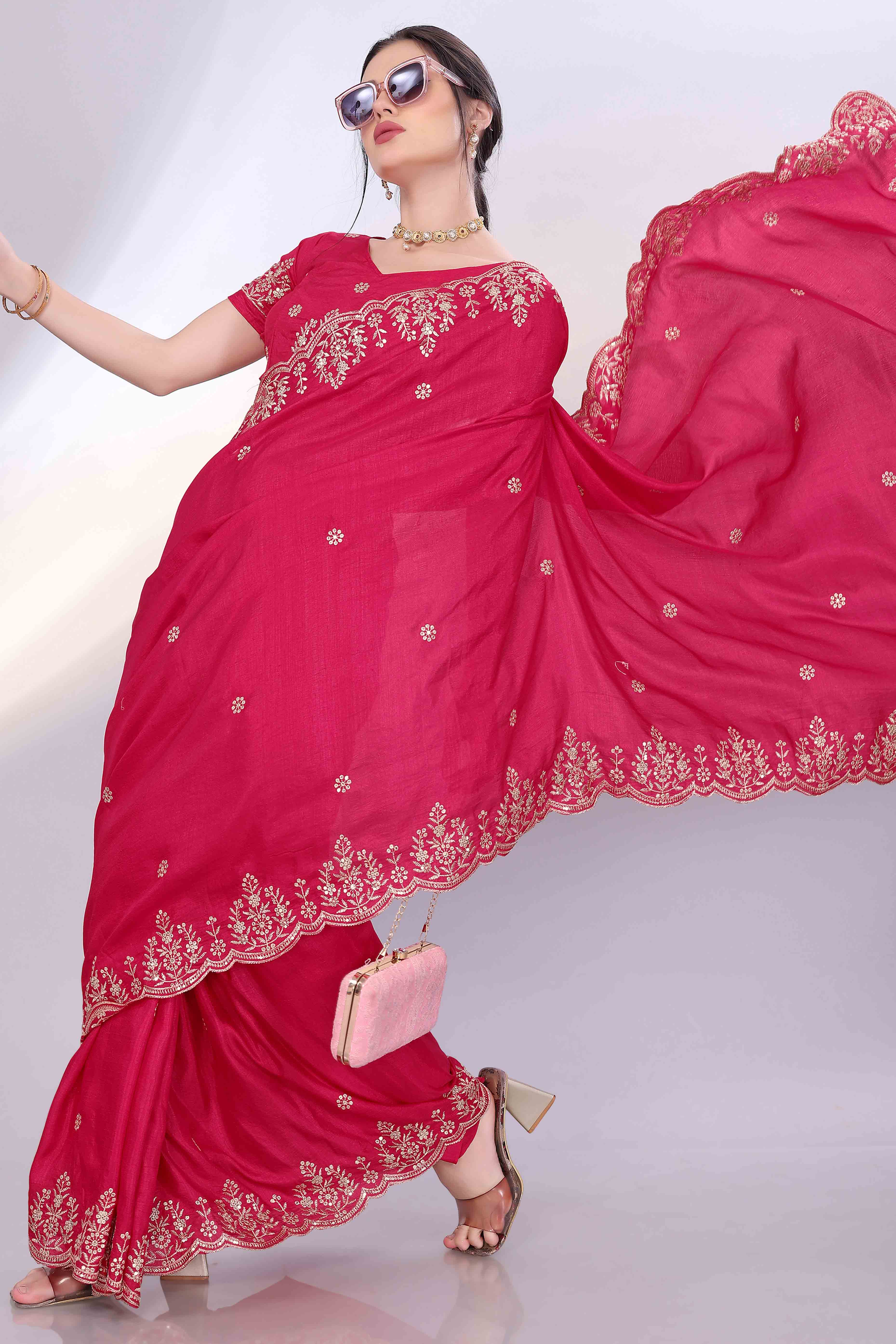 Pink Zari Embroidered Saree In Vichitra Silk With Shimmering Floral Sequins Work