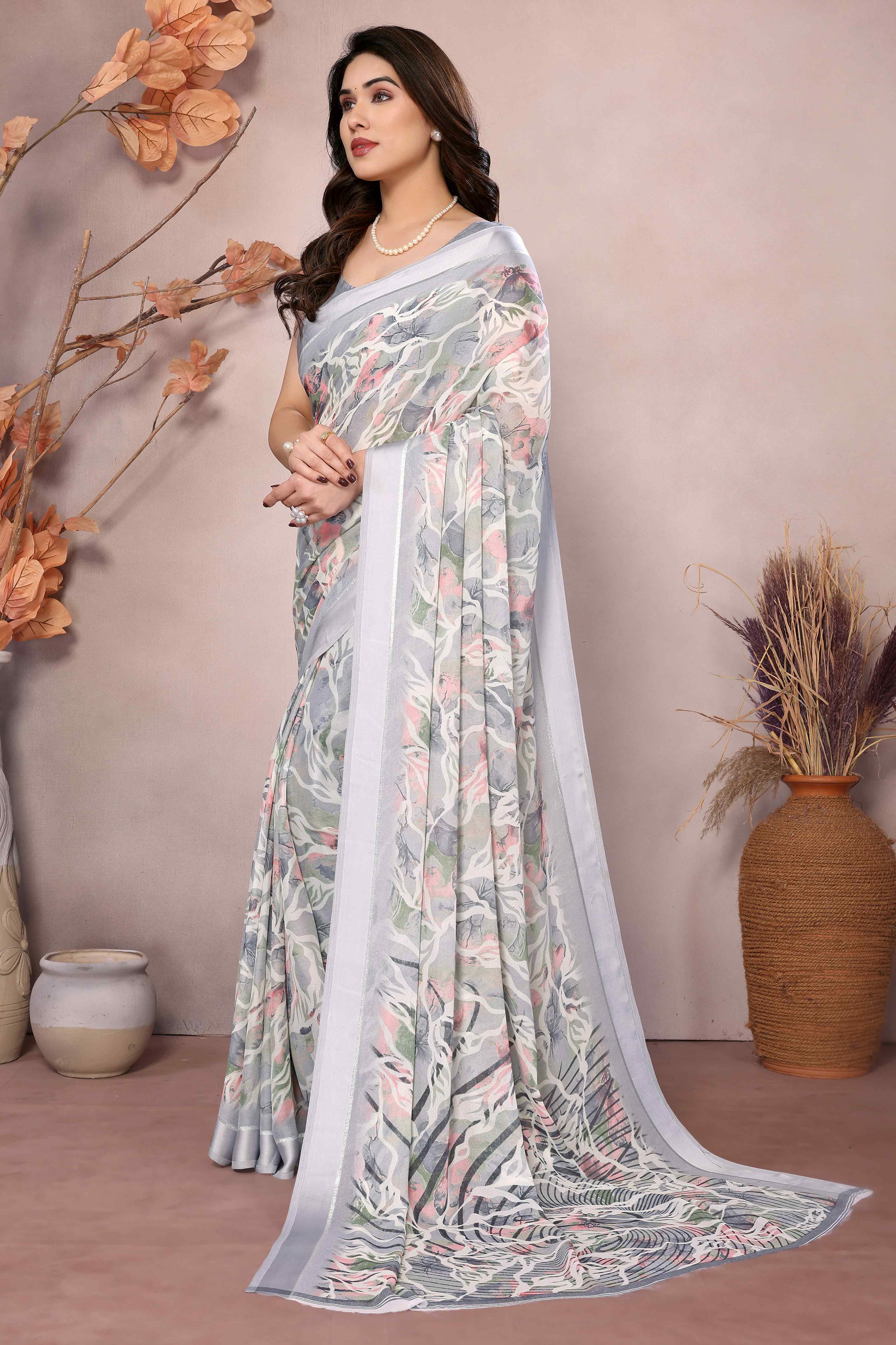 Grey Floral Printed Moss Art Silk Saree