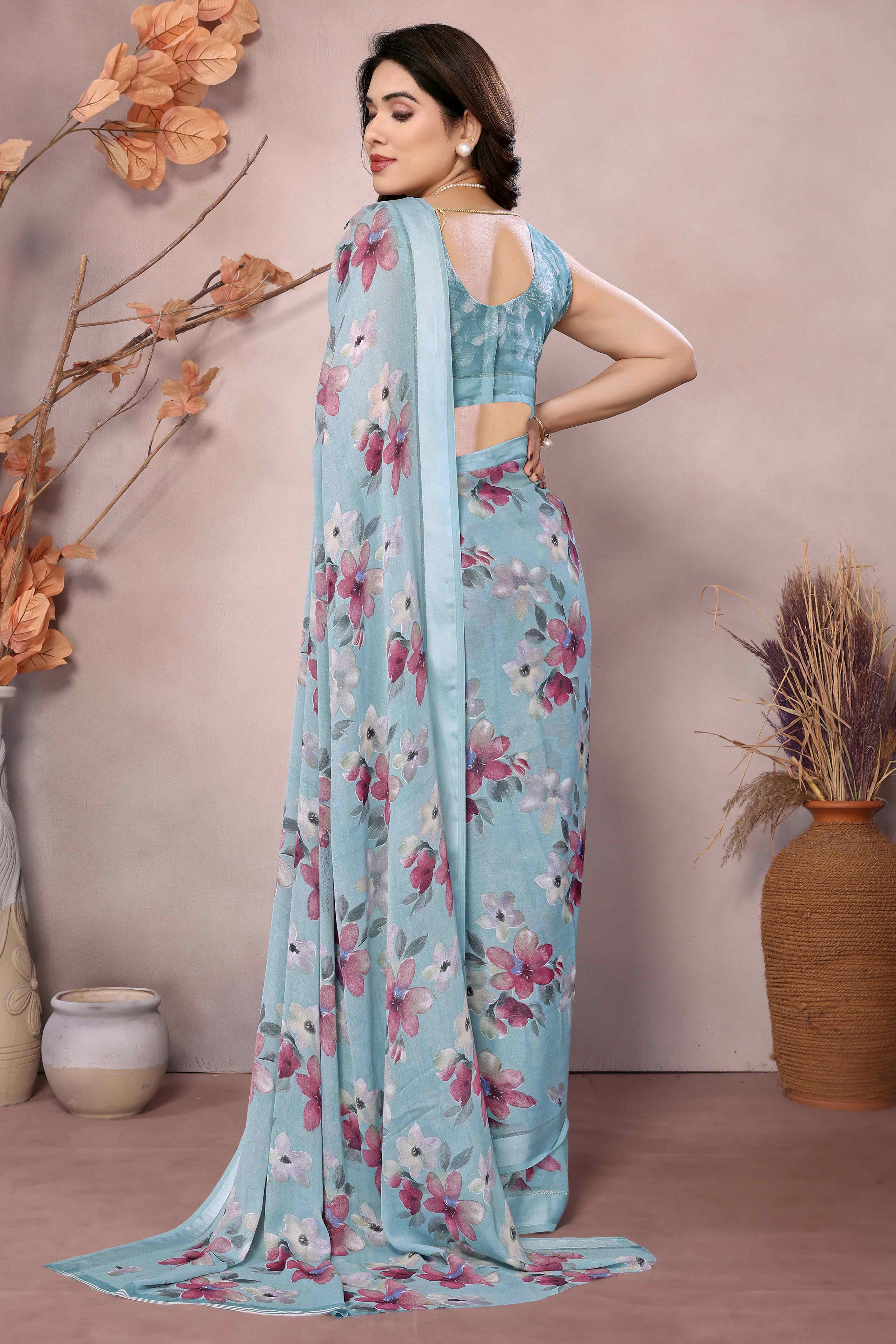 Blue Floral Printed Moss Art Silk Saree