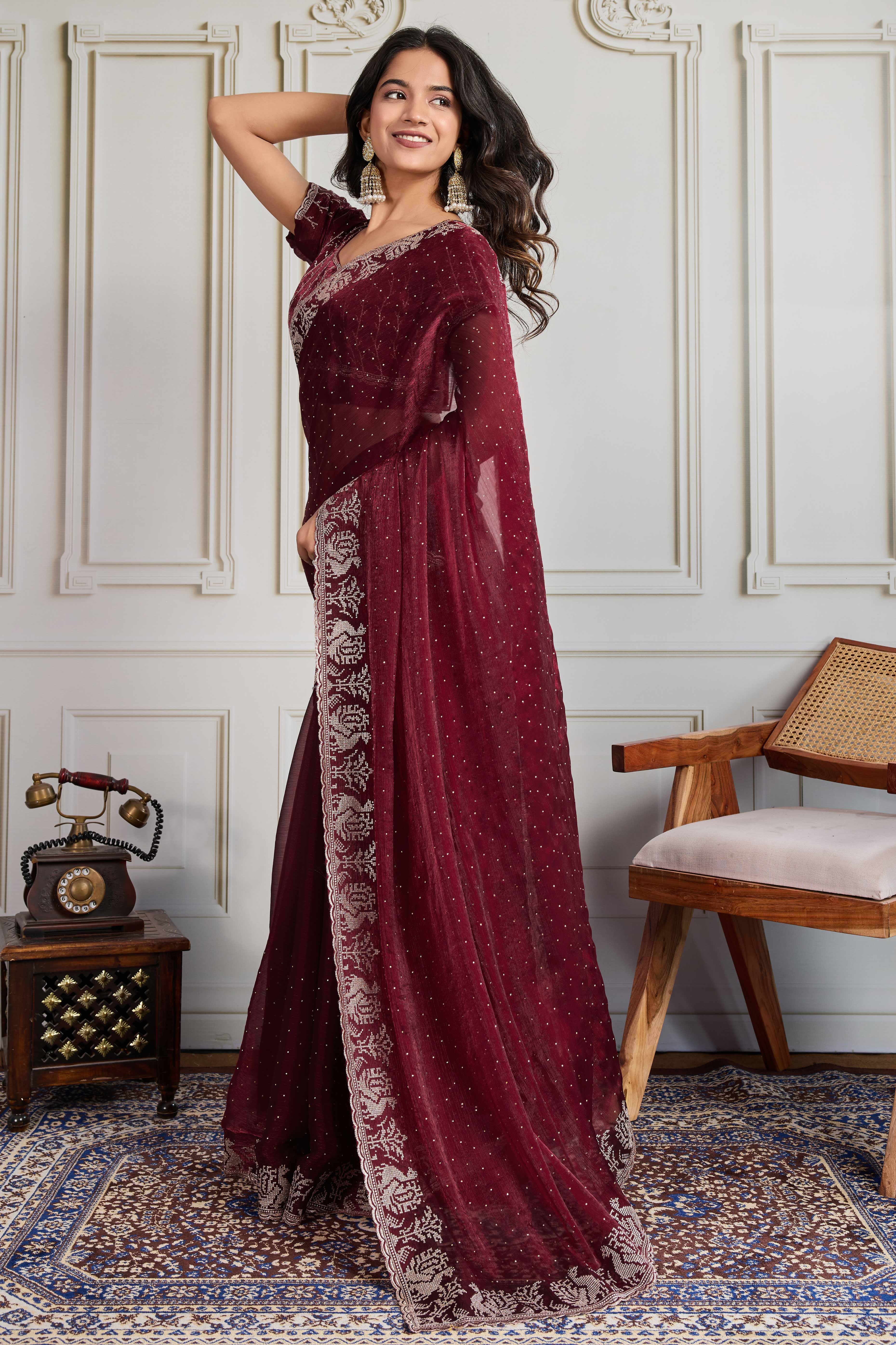 Maroon Festive Wear Silk Blend Saree with Embroidery & Stones