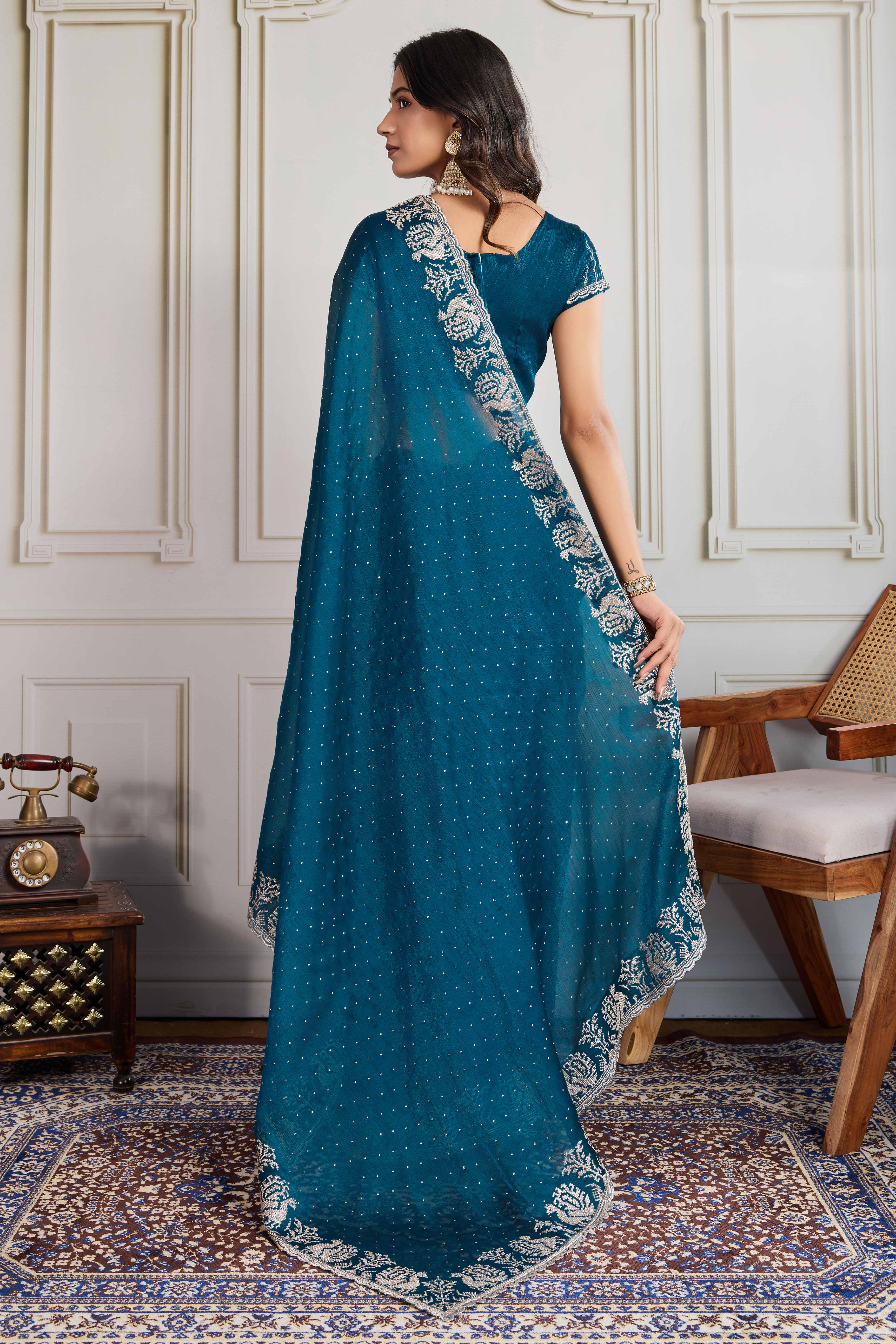 Teal Festive Wear Silk Blend Saree with Embroidery & Stones