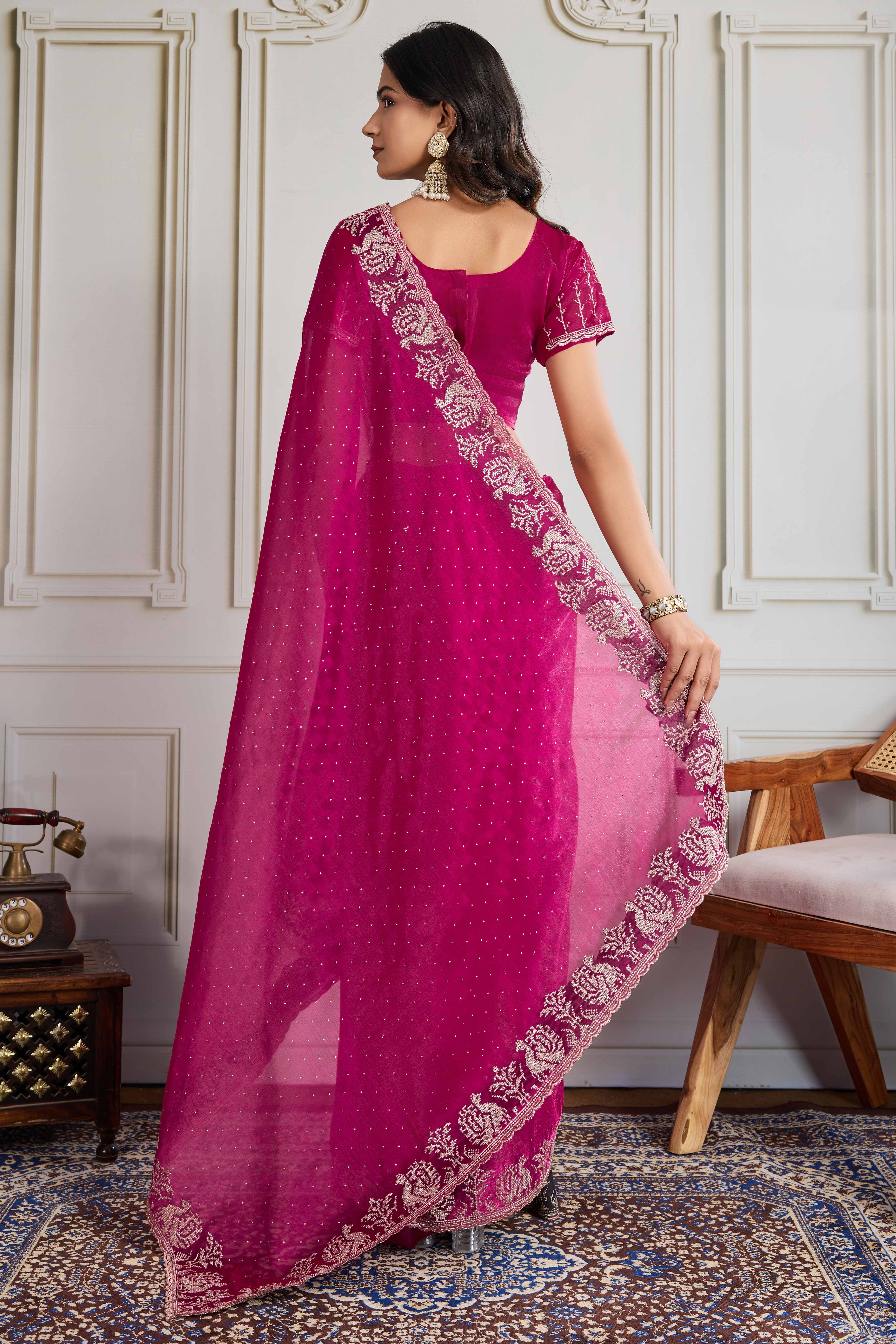 Pink Festive Wear Silk Blend Saree with Embroidery & Stones