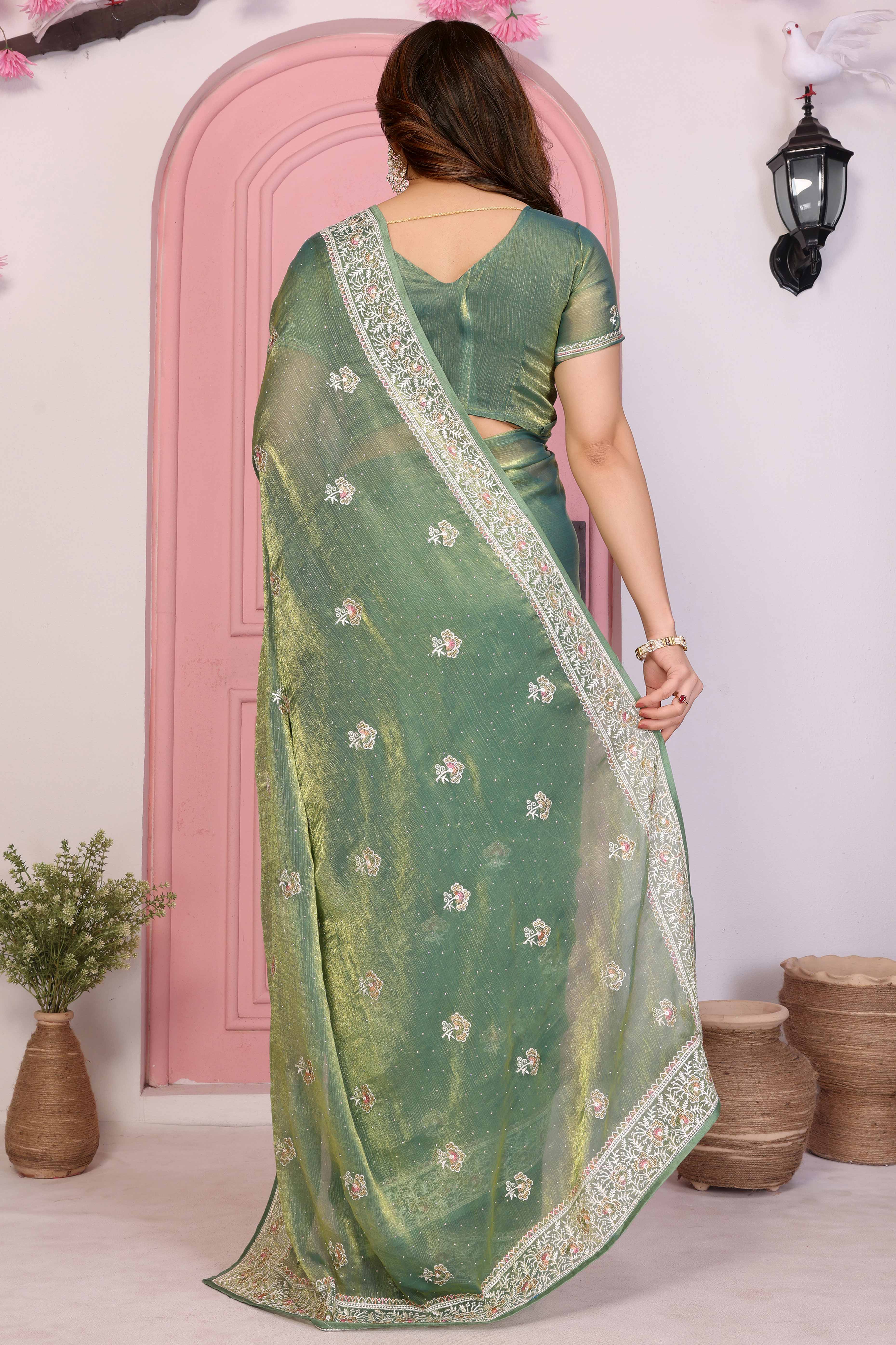 Sea Green Chiffon Saree with Intricate Embroidery and Floral Patterns