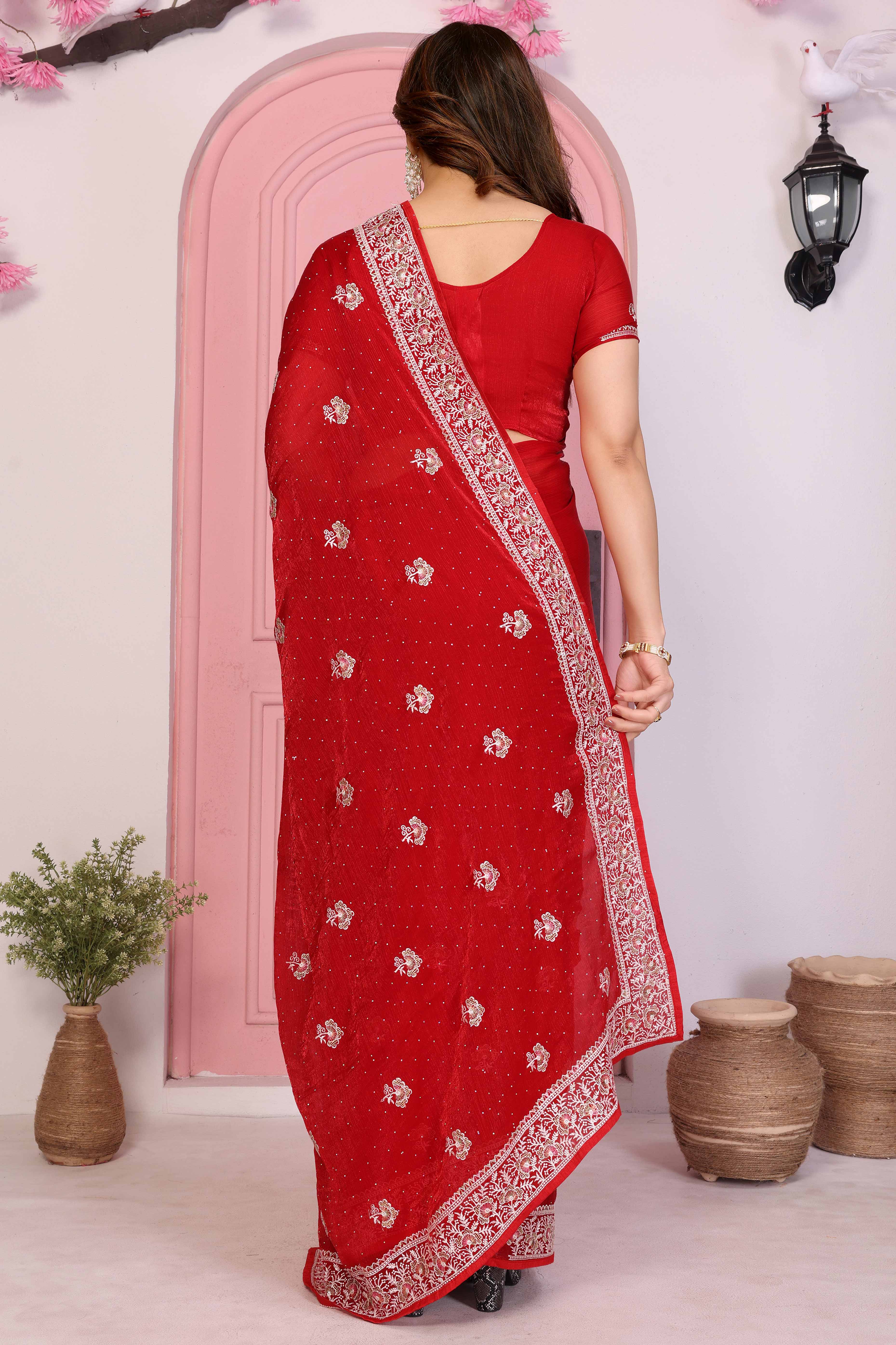 Red Chiffon Saree with Intricate Embroidery and Floral Patterns