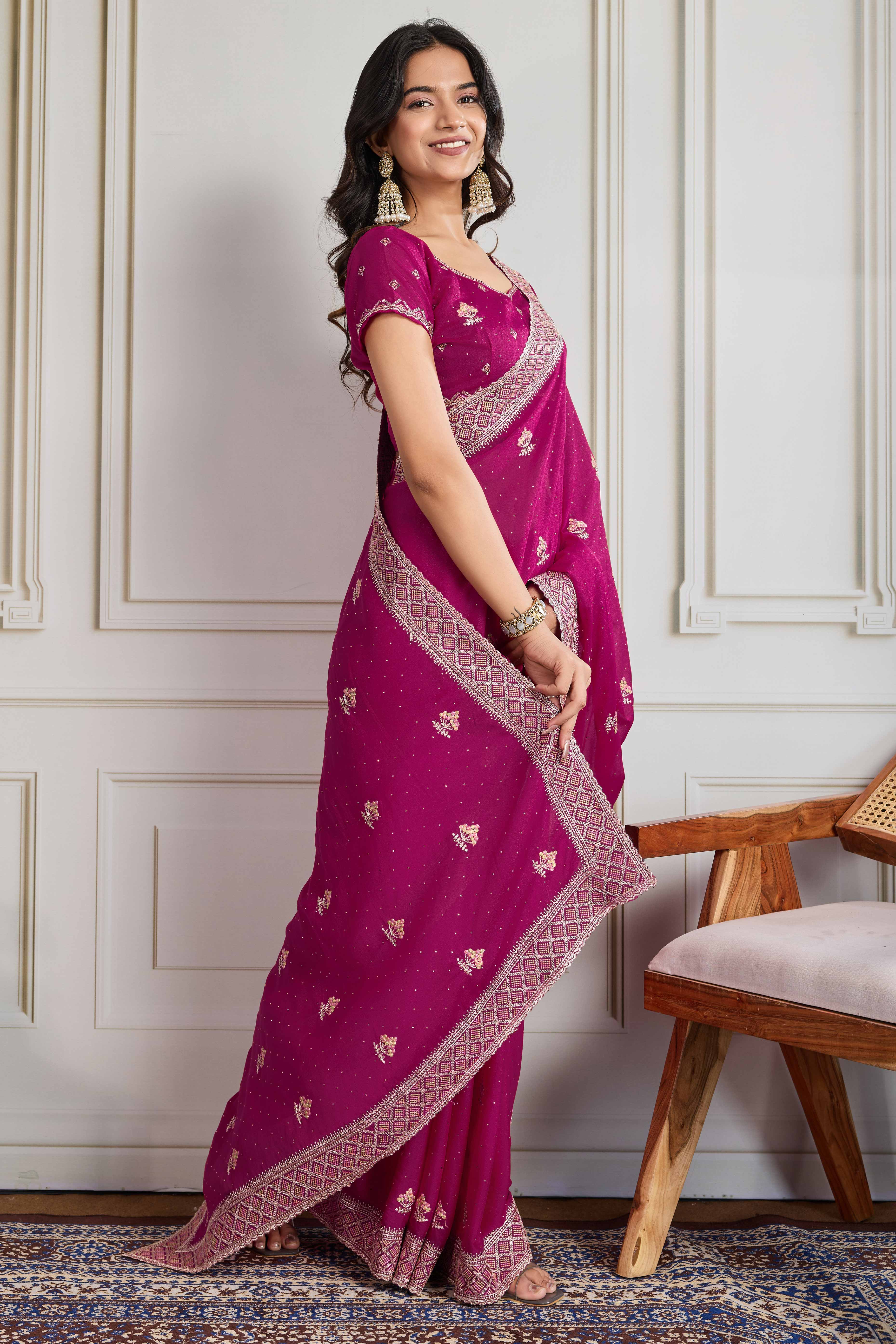 Pink Georgette Saree Featuring Embroidered and Stone Work