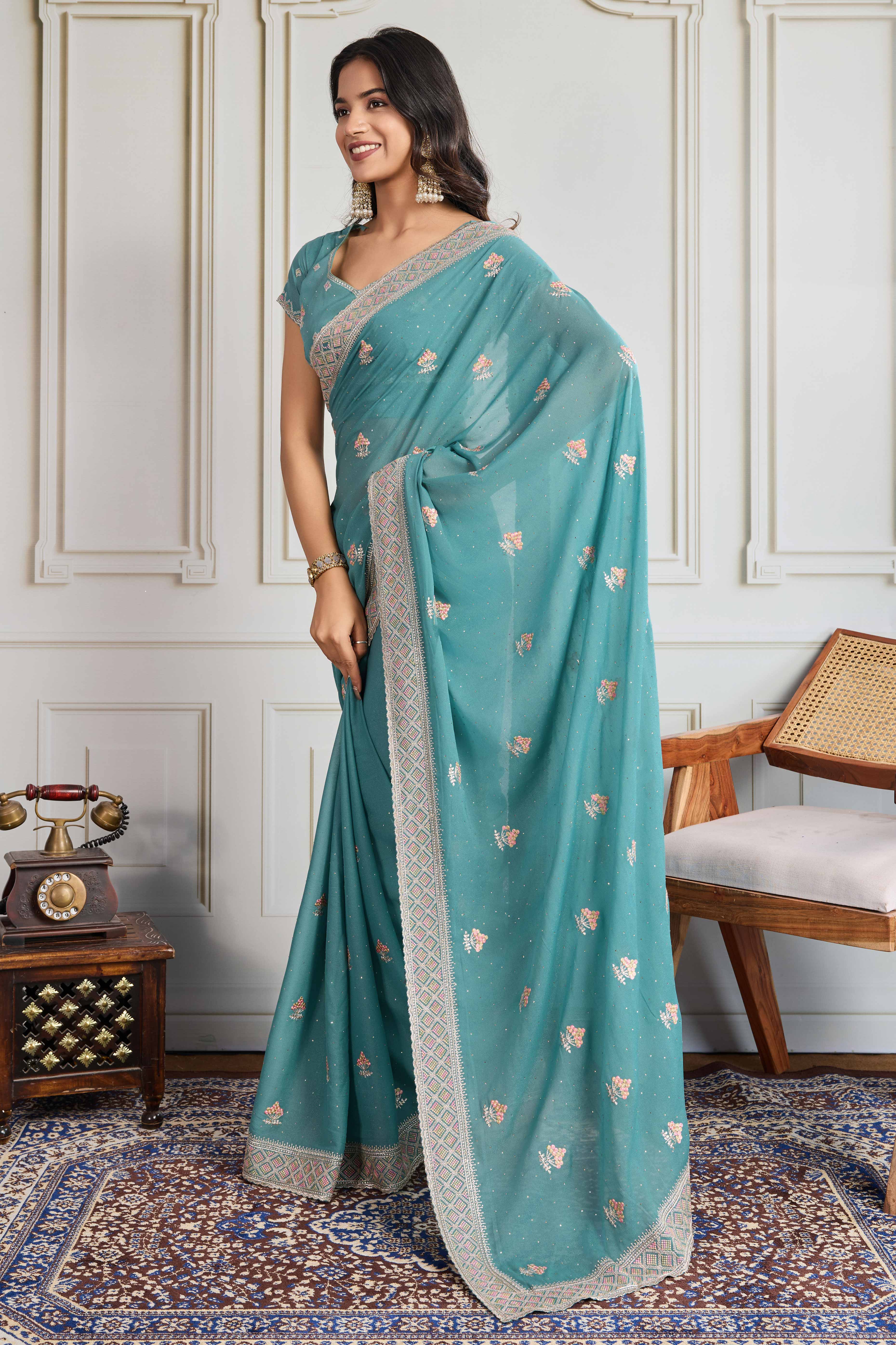 Teal Georgette Saree Featuring Embroidered and Stone Work