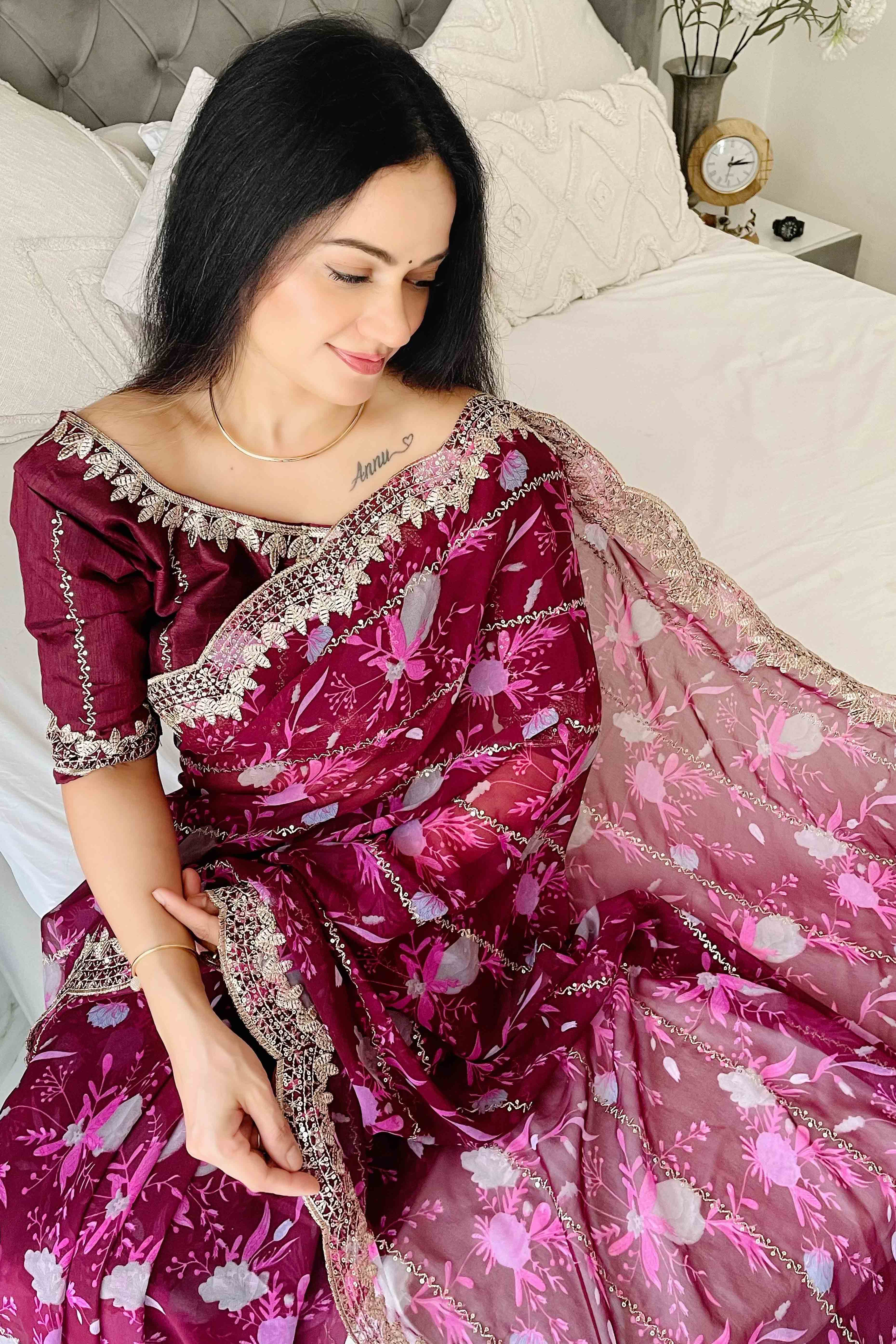Wine Floral Zari Embroidered Georgette Saree With Sparkling Sequin Embellishments