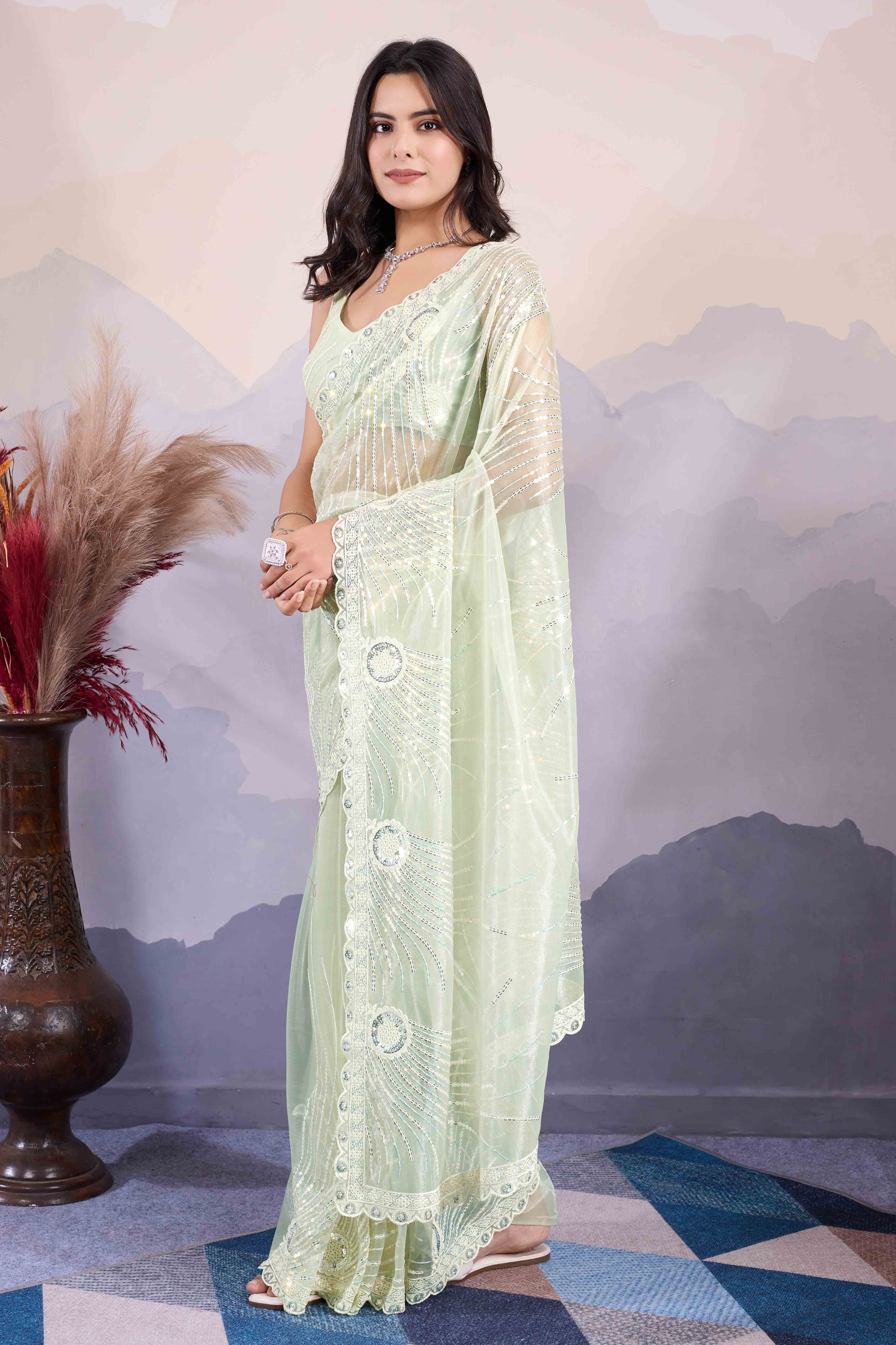 Green Sequins Embroidered Twill Net Saree